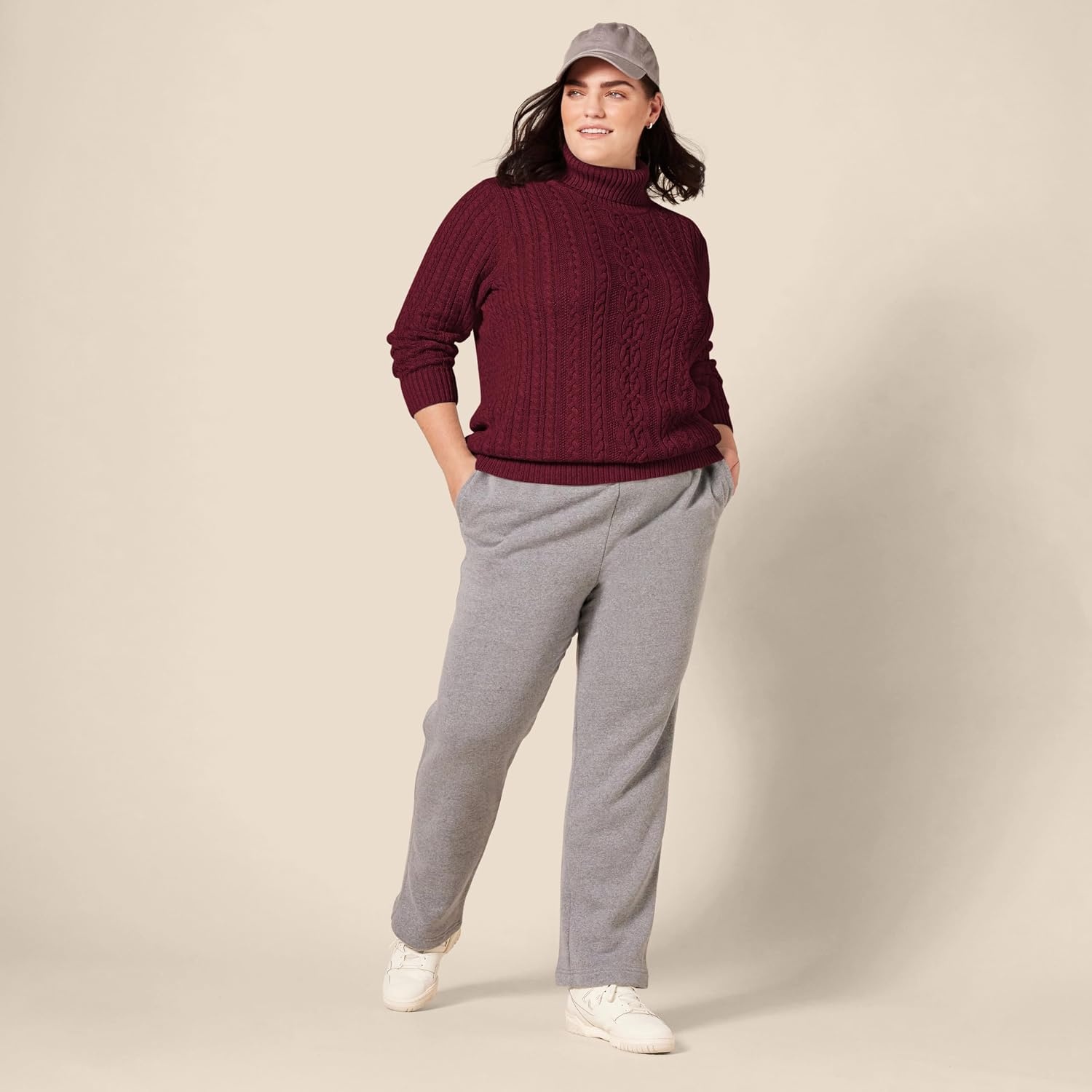 image:imageAmazon Essentials Womens Long Sleeve Fisherman Cable Knit Turtleneck Sweater Available in Plus SizeBurgundy