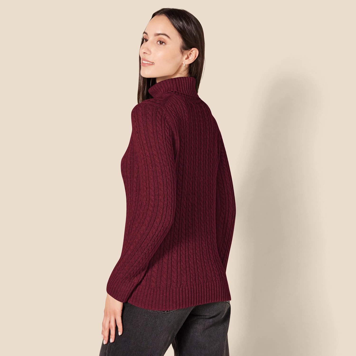 image:imageAmazon Essentials Womens Long Sleeve Fisherman Cable Knit Turtleneck Sweater Available in Plus SizeBurgundy