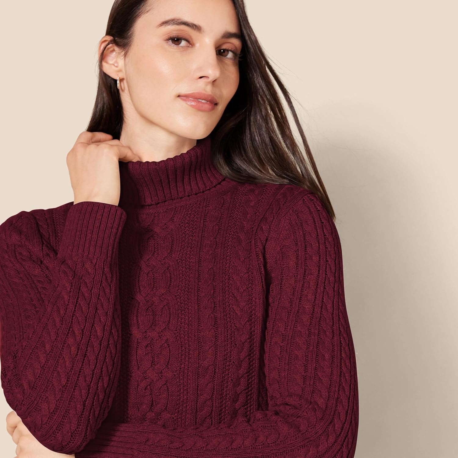 image:imageAmazon Essentials Womens Long Sleeve Fisherman Cable Knit Turtleneck Sweater Available in Plus SizeBurgundy