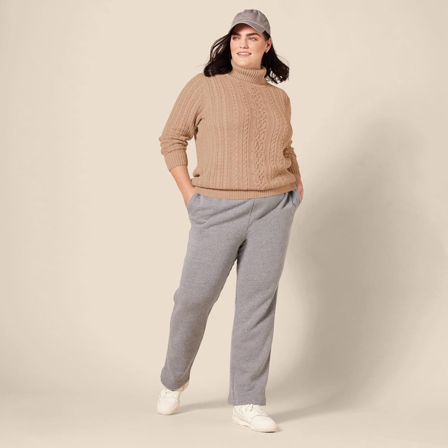 image:imageAmazon Essentials Womens Long Sleeve Fisherman Cable Knit Turtleneck Sweater Available in Plus SizeCamel Heather