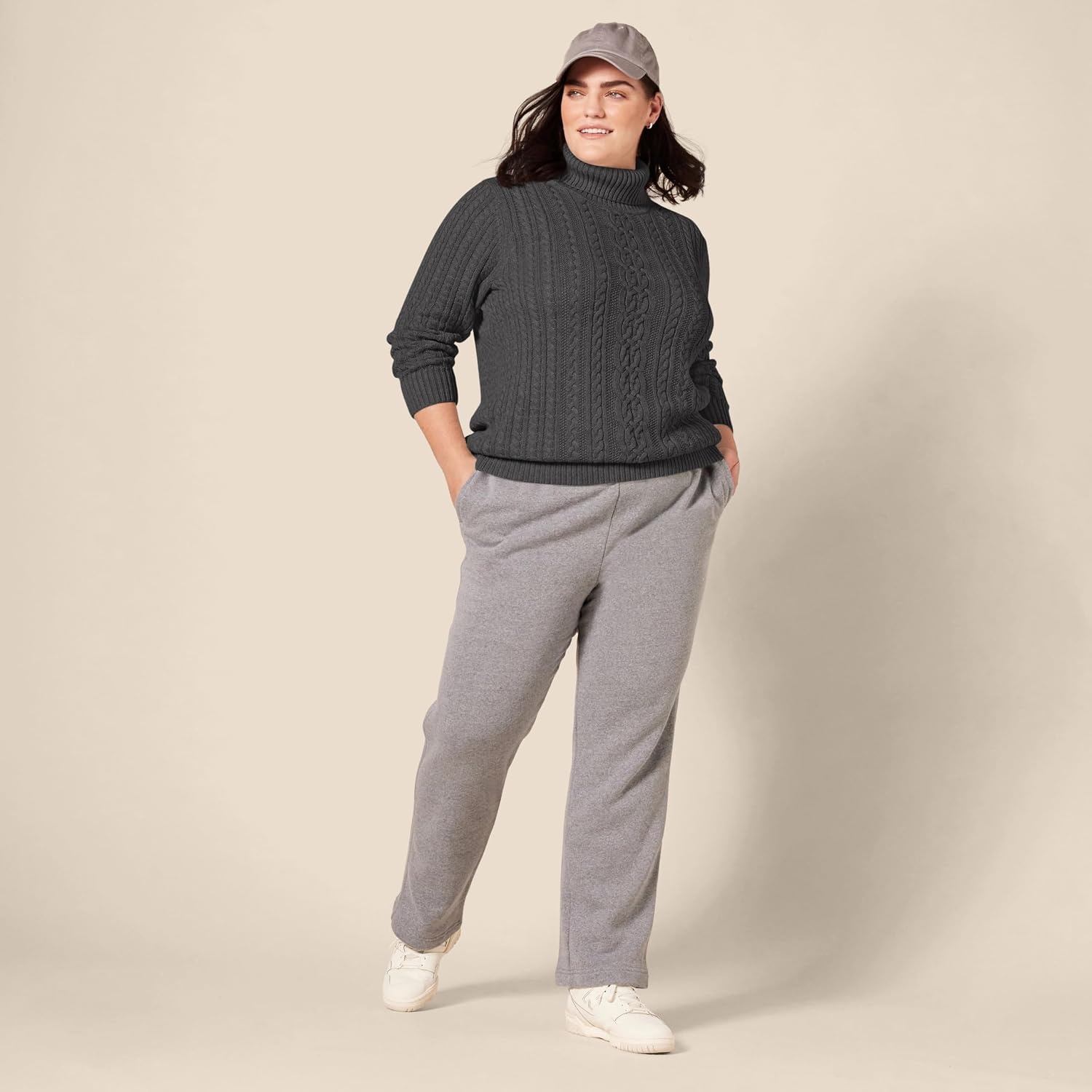 image:imageAmazon Essentials Womens Long Sleeve Fisherman Cable Knit Turtleneck Sweater Available in Plus SizeCharcoal Heather