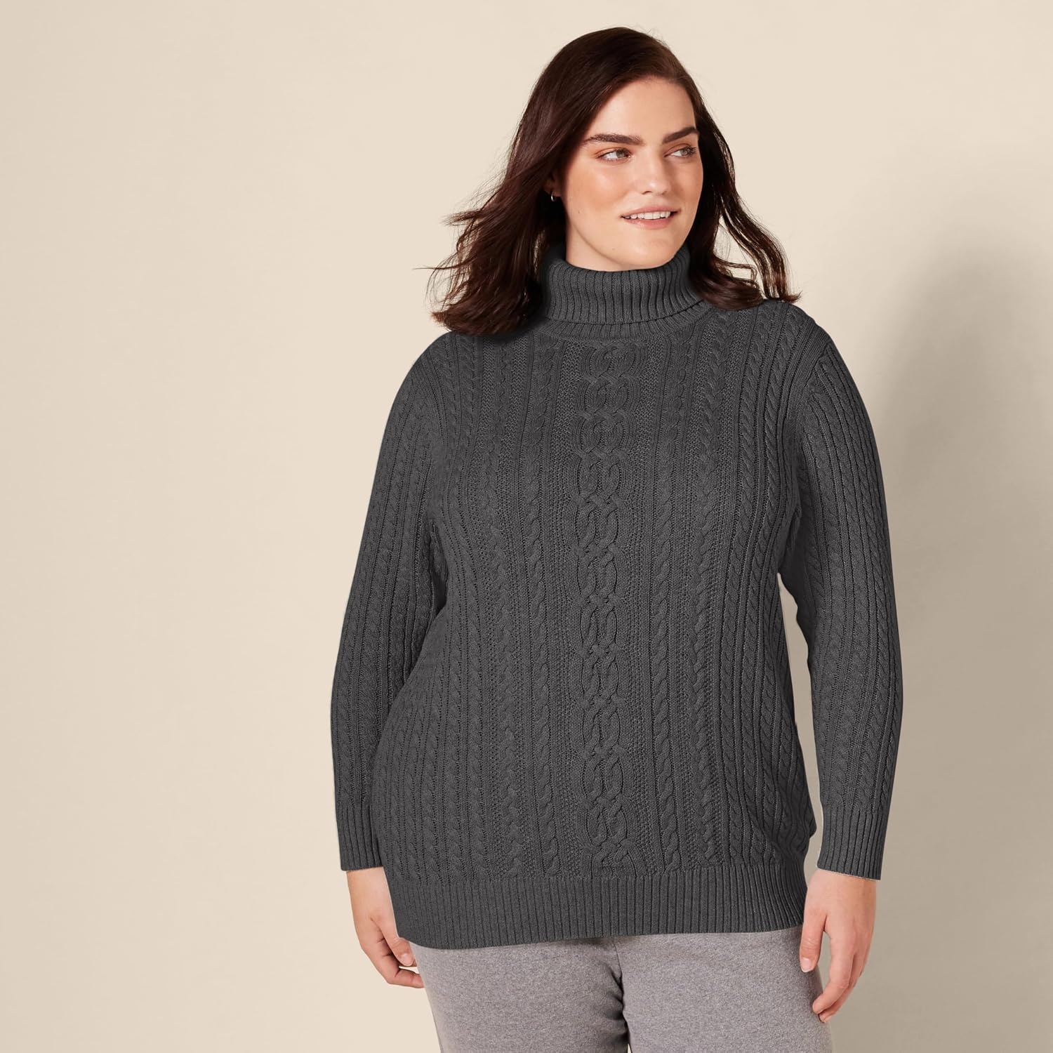 image:imageAmazon Essentials Womens Long Sleeve Fisherman Cable Knit Turtleneck Sweater Available in Plus SizeCharcoal Heather