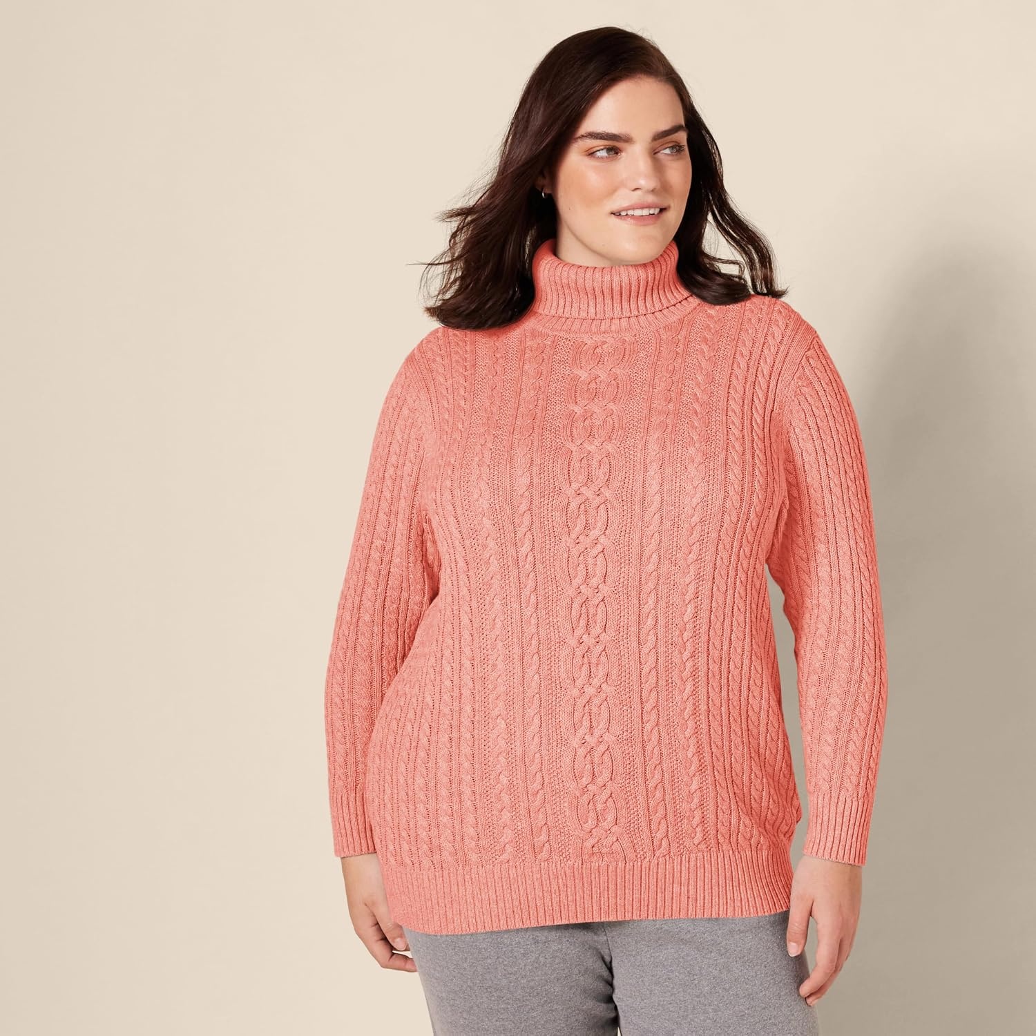 image:imageAmazon Essentials Womens Long Sleeve Fisherman Cable Knit Turtleneck Sweater Available in Plus SizeCoral Pink