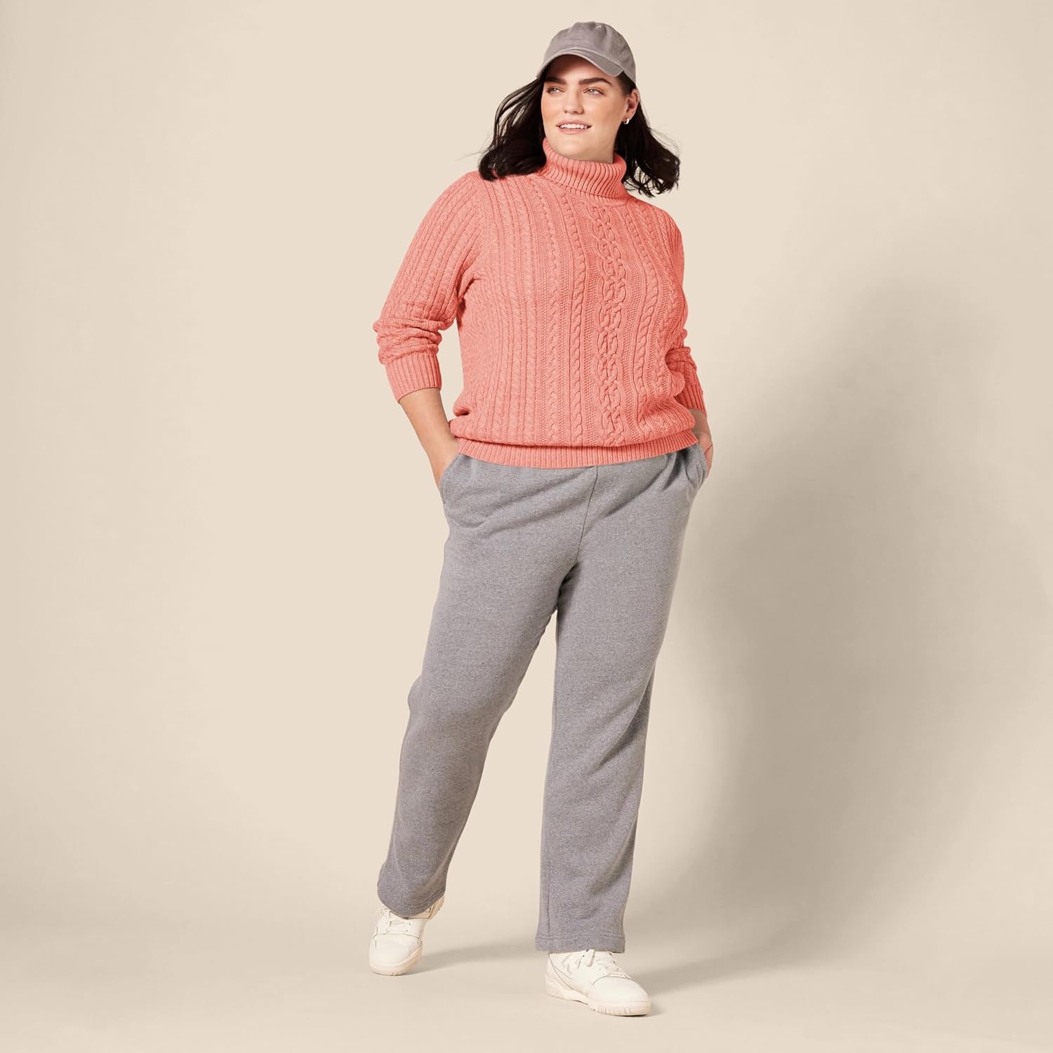 image:imageAmazon Essentials Womens Long Sleeve Fisherman Cable Knit Turtleneck Sweater Available in Plus SizeCoral Pink