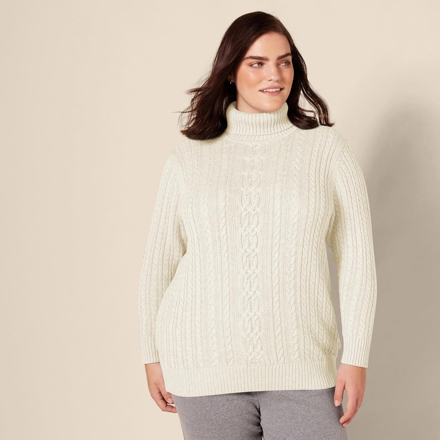 image:imageAmazon Essentials Womens Long Sleeve Fisherman Cable Knit Turtleneck Sweater Available in Plus SizeCream