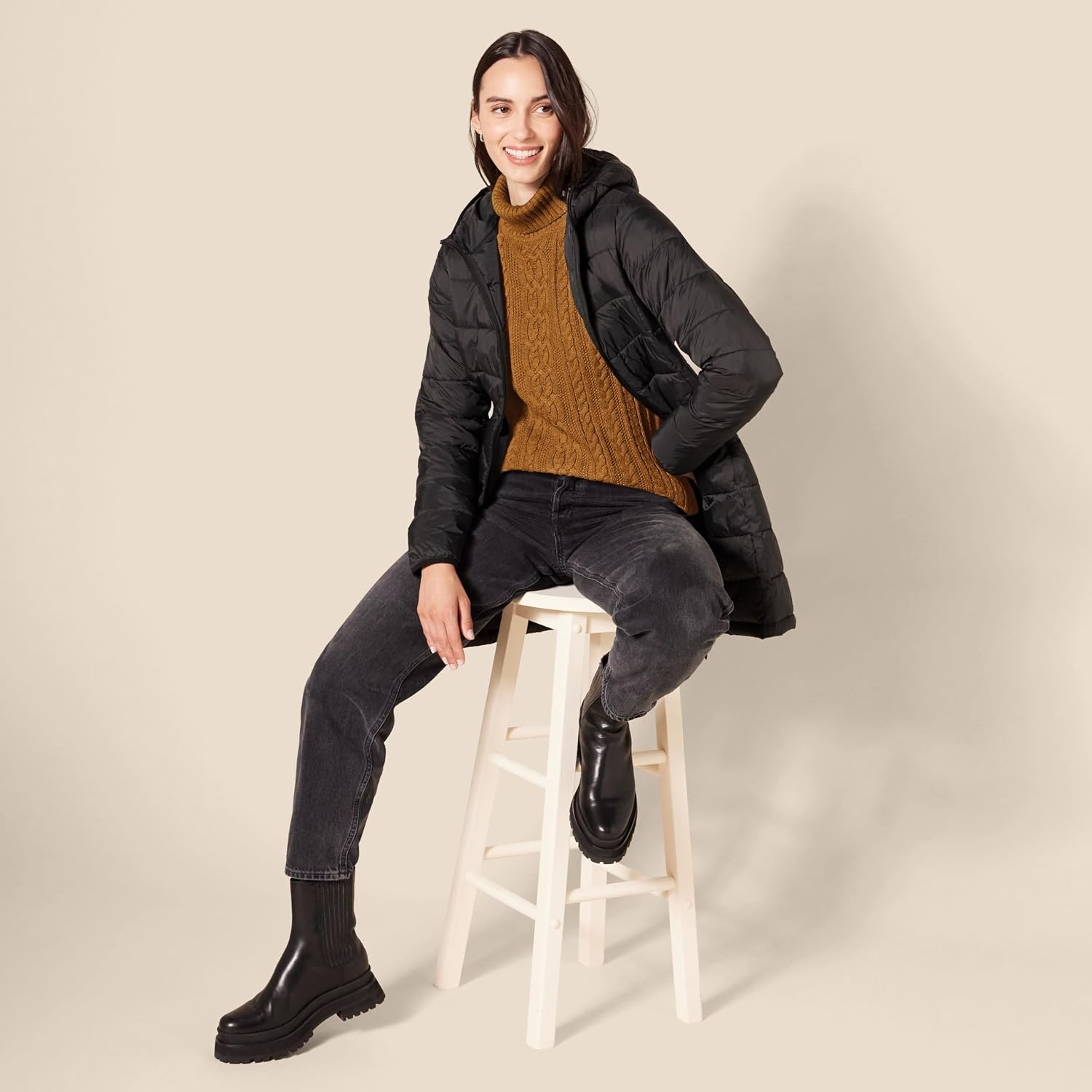 image:imageAmazon Essentials Womens Long Sleeve Fisherman Cable Knit Turtleneck Sweater Available in Plus SizeDark Chestnut Brown Heather