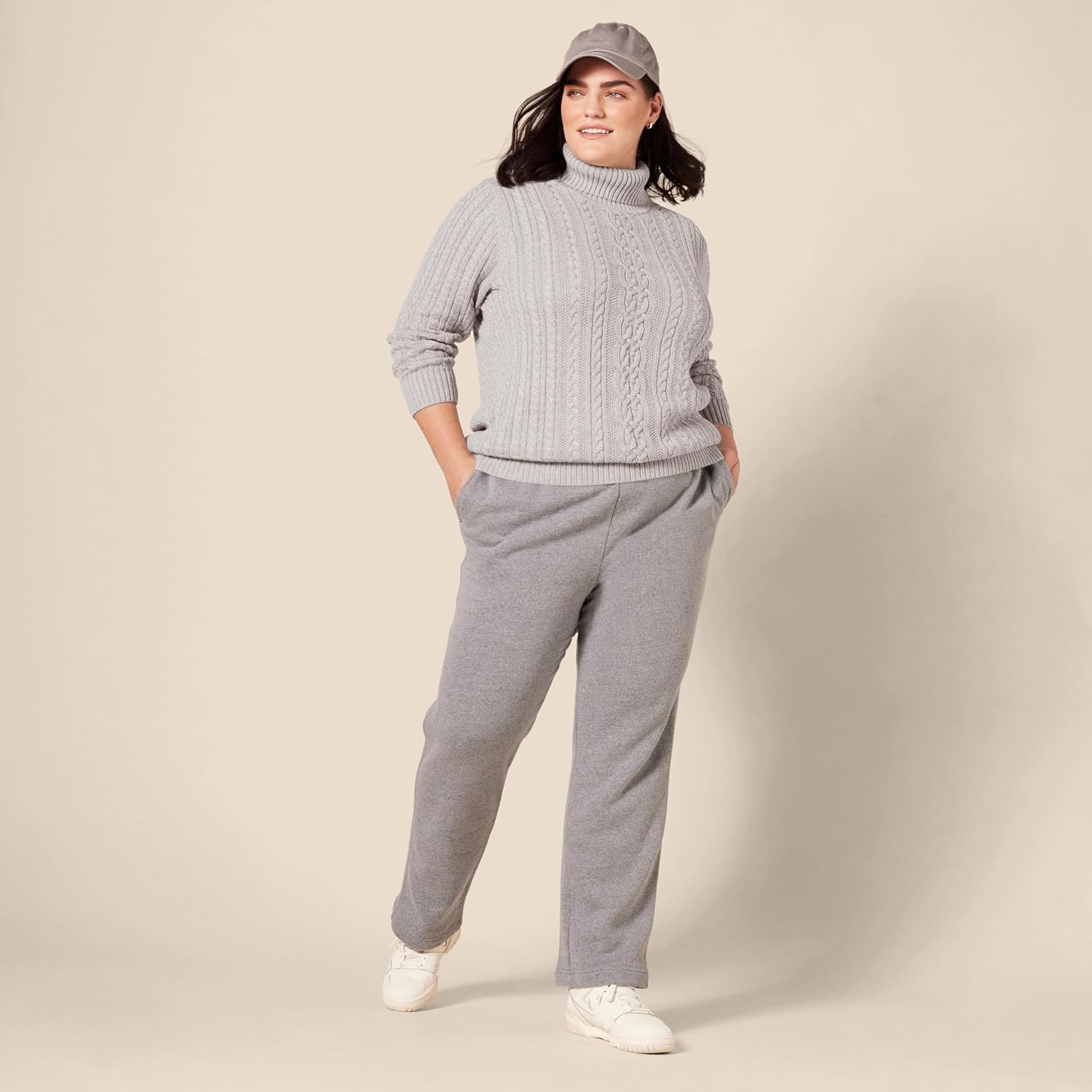 image:imageAmazon Essentials Womens Long Sleeve Fisherman Cable Knit Turtleneck Sweater Available in Plus SizeLight Grey Heather