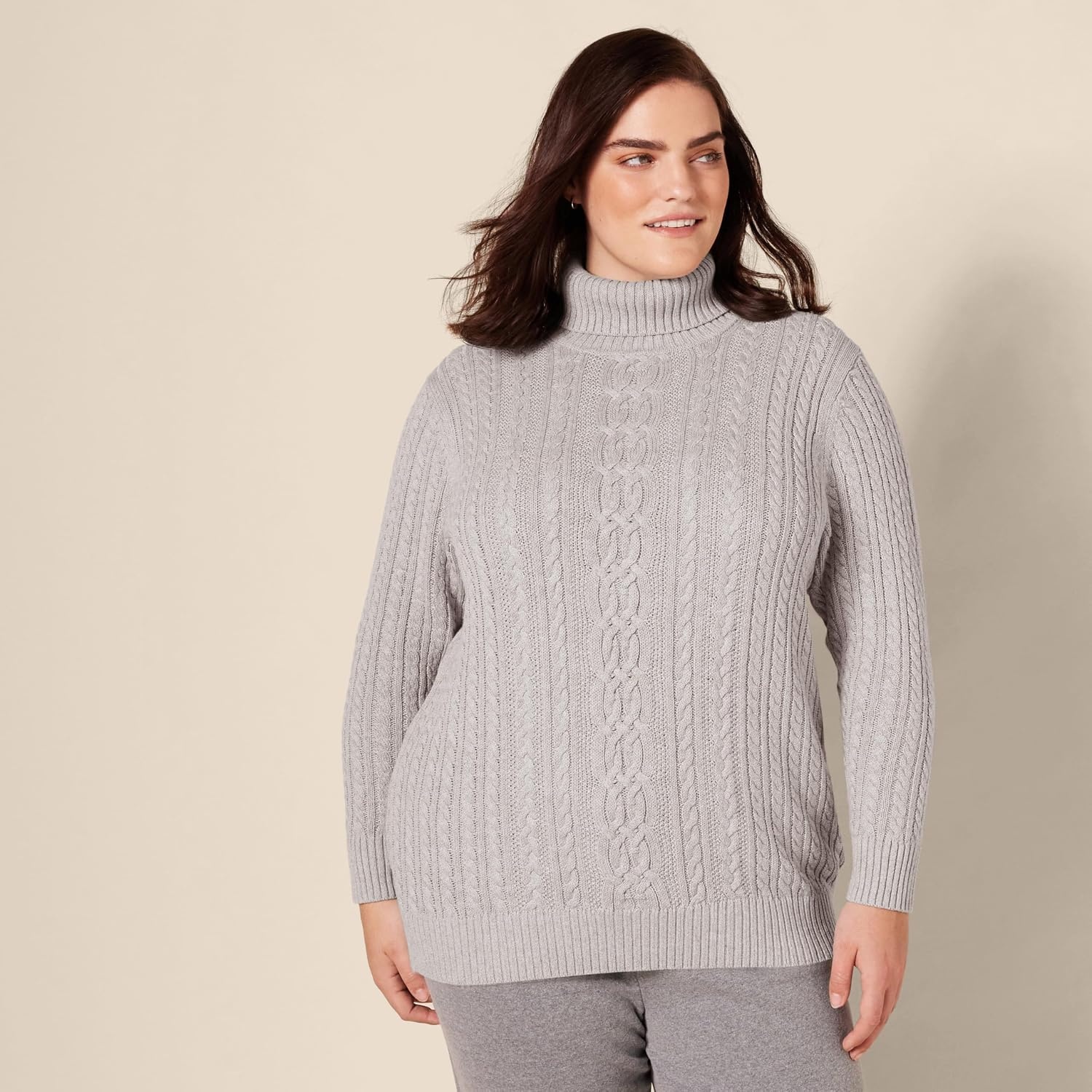 image:imageAmazon Essentials Womens Long Sleeve Fisherman Cable Knit Turtleneck Sweater Available in Plus SizeLight Grey Heather
