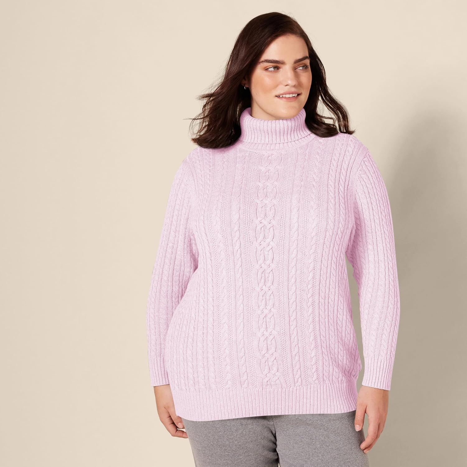 image:imageAmazon Essentials Womens Long Sleeve Fisherman Cable Knit Turtleneck Sweater Available in Plus SizeLight Pink