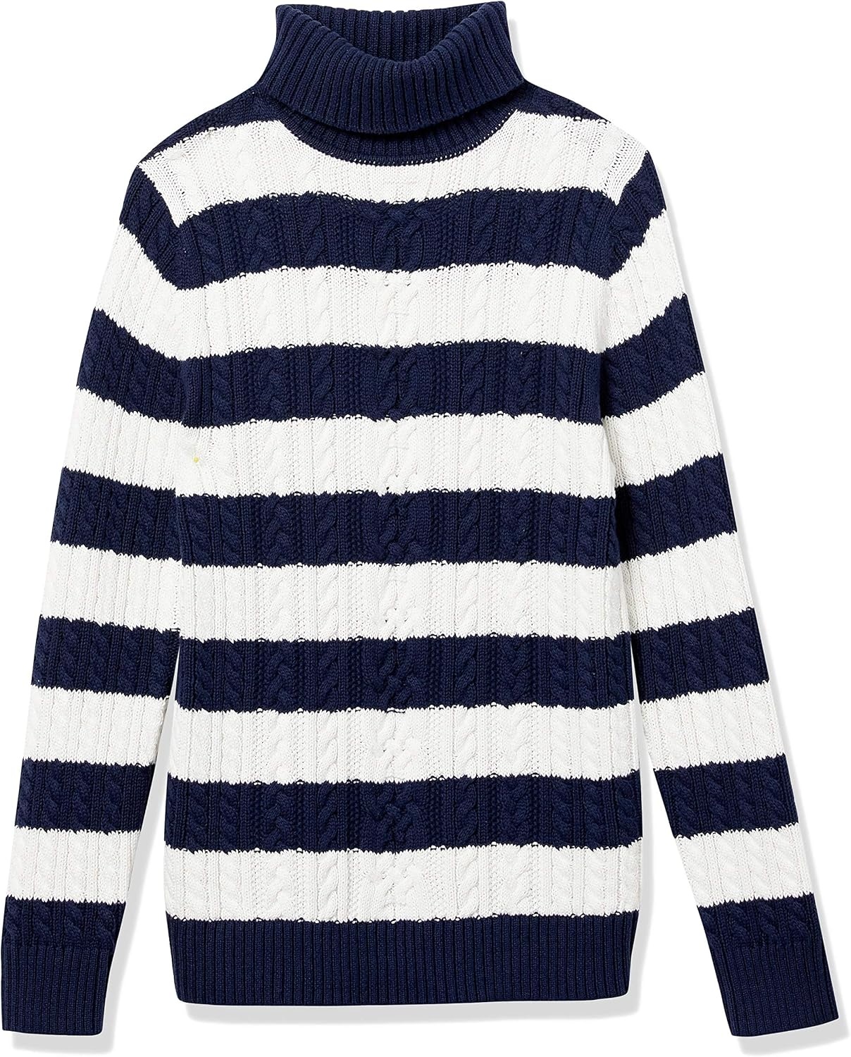 image:imageAmazon Essentials Womens Long Sleeve Fisherman Cable Knit Turtleneck Sweater Available in Plus SizeNavyWhite Stripe