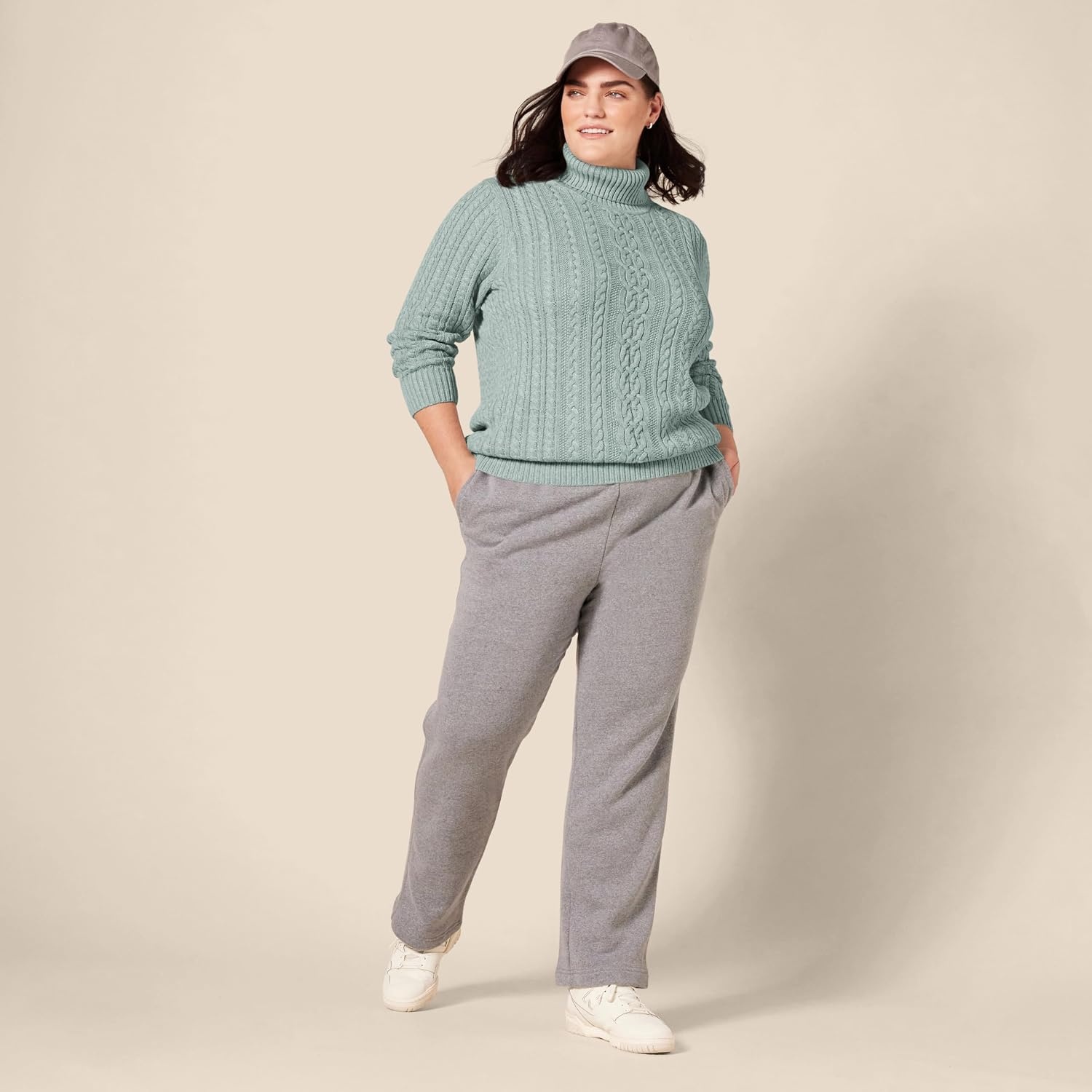 image:imageAmazon Essentials Womens Long Sleeve Fisherman Cable Knit Turtleneck Sweater Available in Plus SizeSage Green Heather
