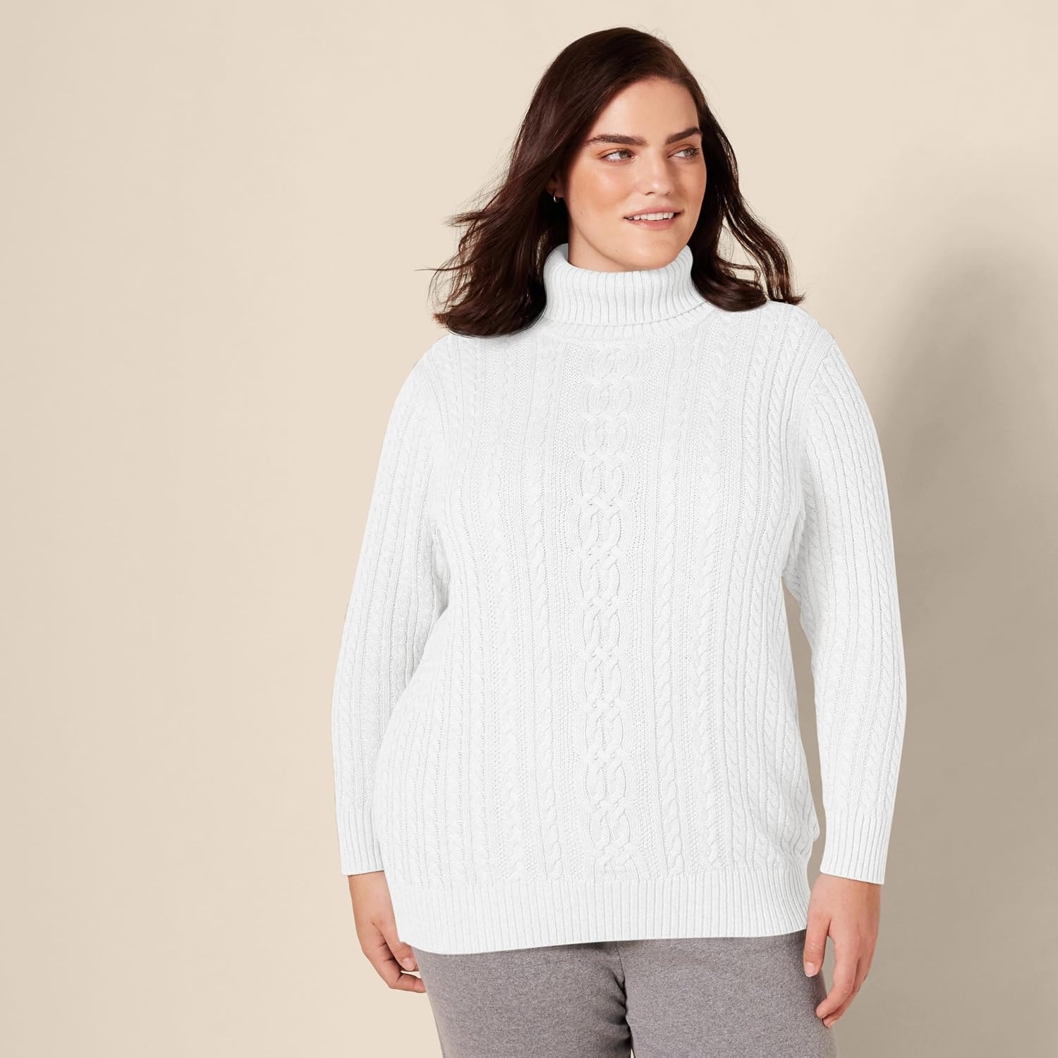 image:imageAmazon Essentials Womens Long Sleeve Fisherman Cable Knit Turtleneck Sweater Available in Plus SizeWhite