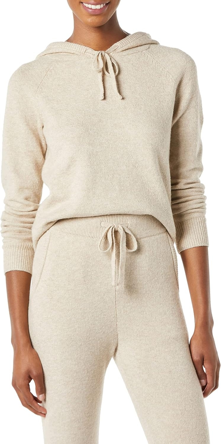 image:imageAmazon Essentials Womens Long Sleeve Soft Touch Hooded Pullover SweaterWarm Beige Heather