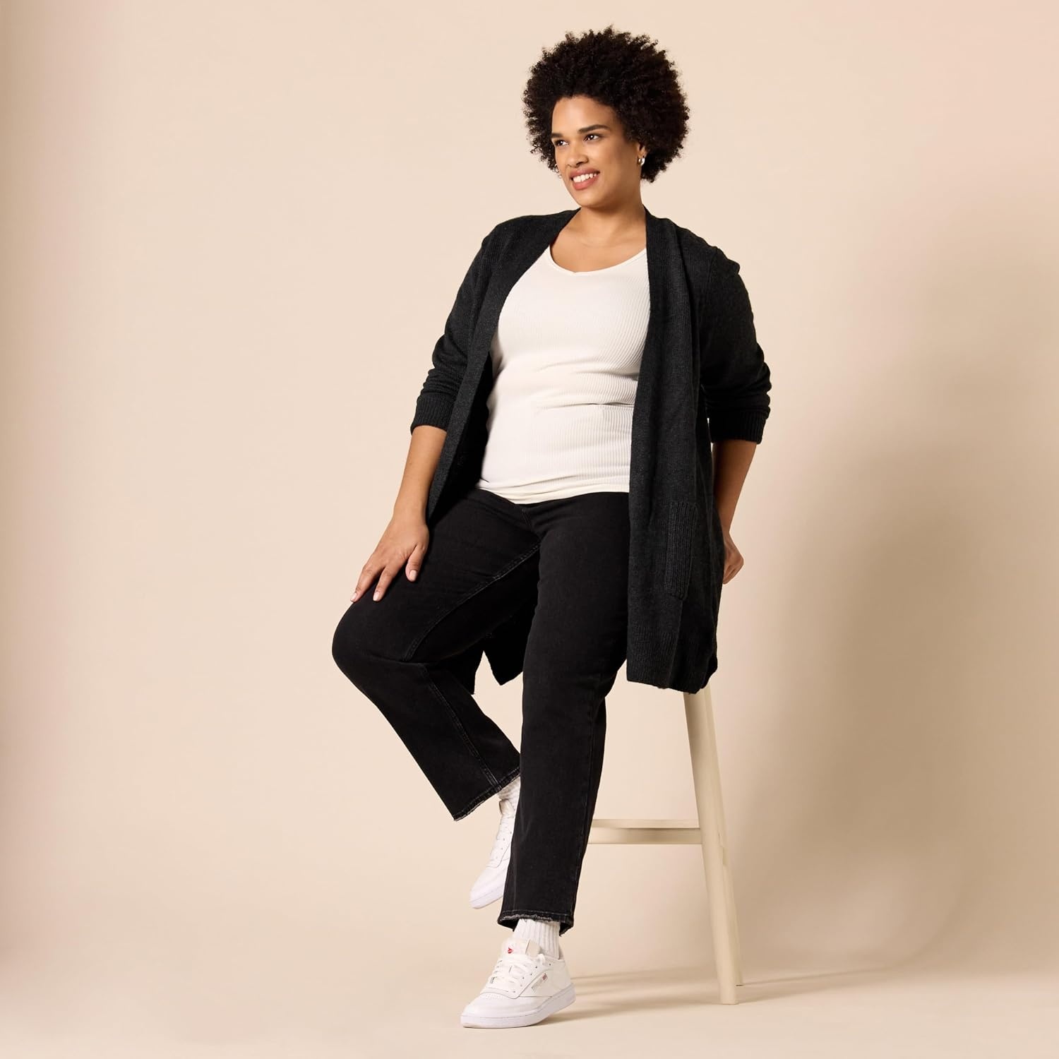image:imageAmazon Essentials Womens LongSleeve Jersey Stitch OpenFront CardiganBlack Heather