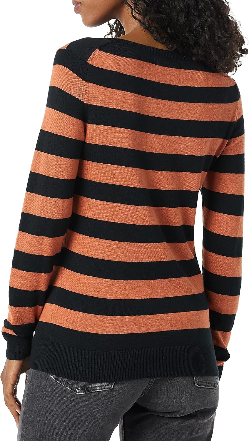 image:imageAmazon Essentials Womens LongSleeve Lightweight Crewneck Sweater Flattering Available in Plus SizeBlack Caramel Rugby Stripe