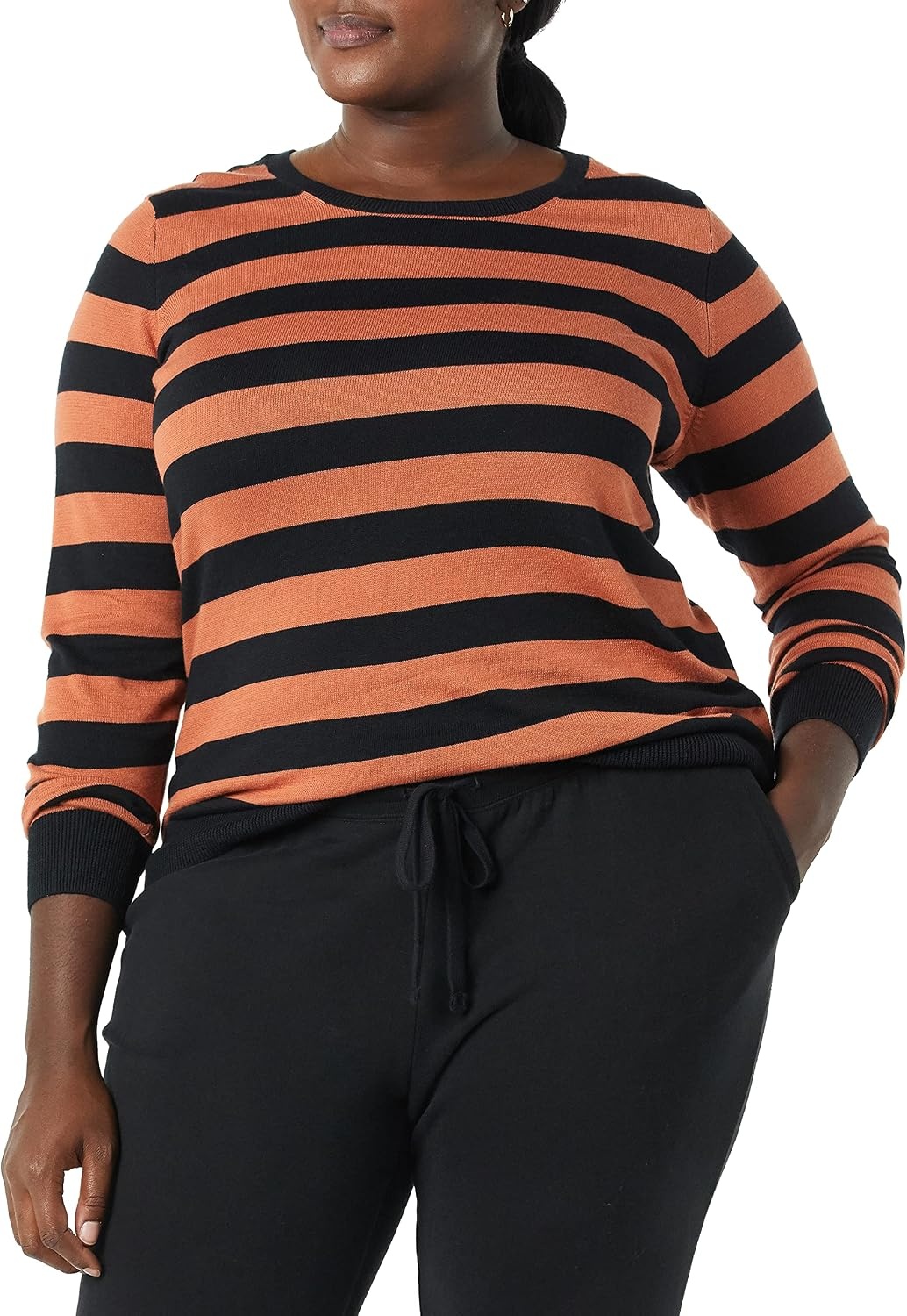 image:imageAmazon Essentials Womens LongSleeve Lightweight Crewneck Sweater Flattering Available in Plus SizeBlack Caramel Rugby Stripe