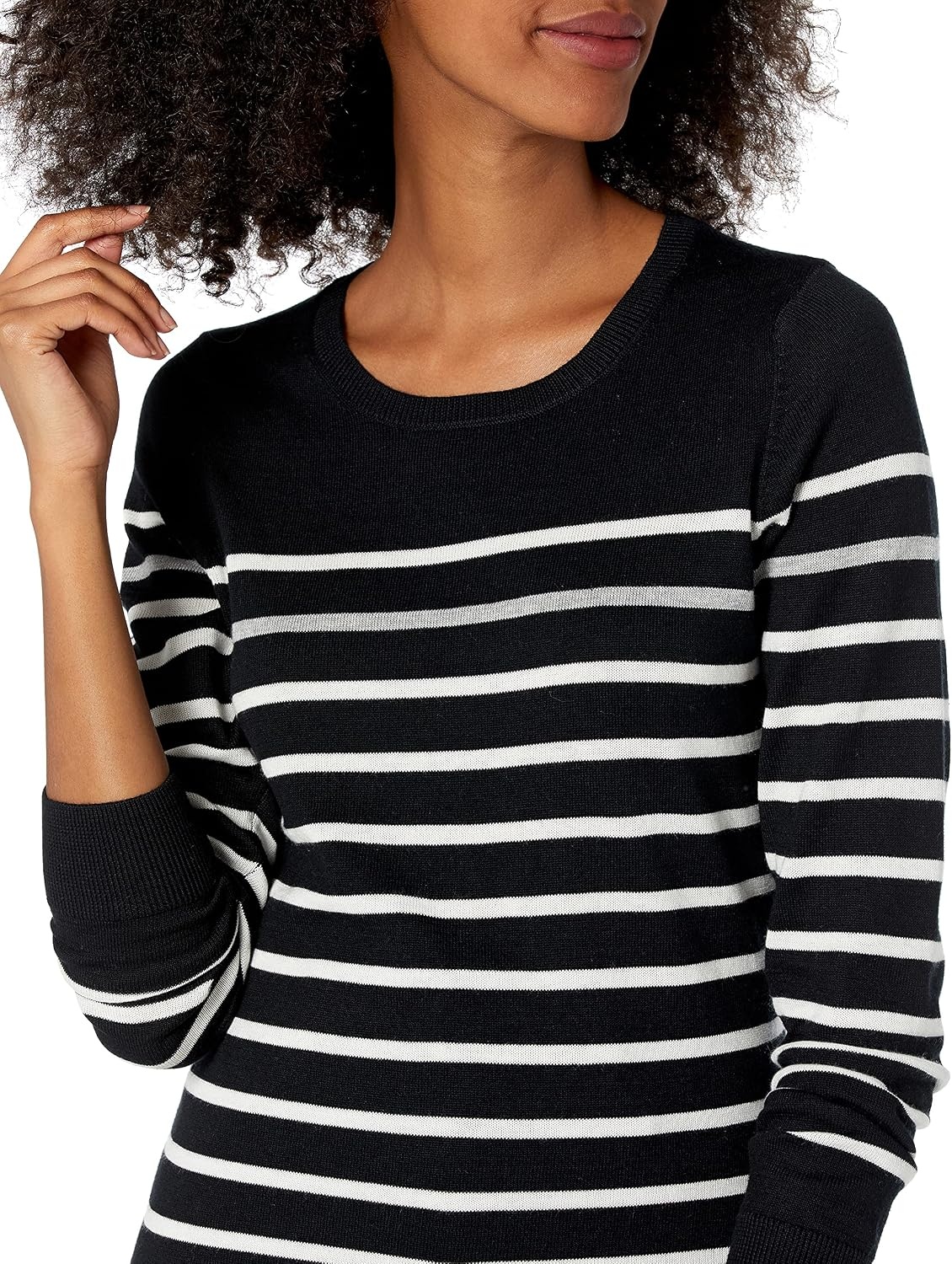 image:imageAmazon Essentials Womens LongSleeve Lightweight Crewneck Sweater Flattering Available in Plus SizeBlack Grey White Stripe