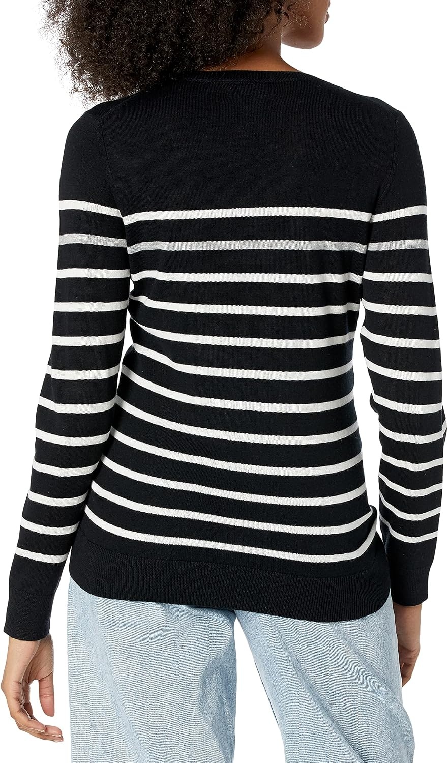 image:imageAmazon Essentials Womens LongSleeve Lightweight Crewneck Sweater Flattering Available in Plus SizeBlack Grey White Stripe