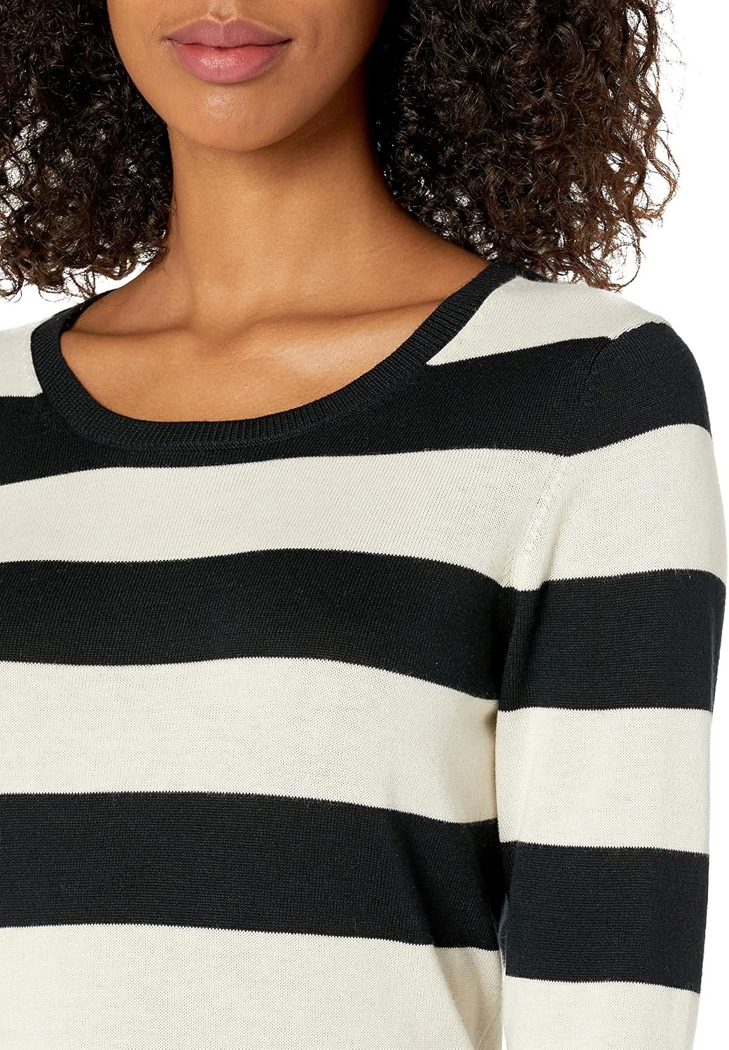 image:imageAmazon Essentials Womens LongSleeve Lightweight Crewneck Sweater Flattering Available in Plus SizeBlack Oatmeal Heather Rugby Stripe