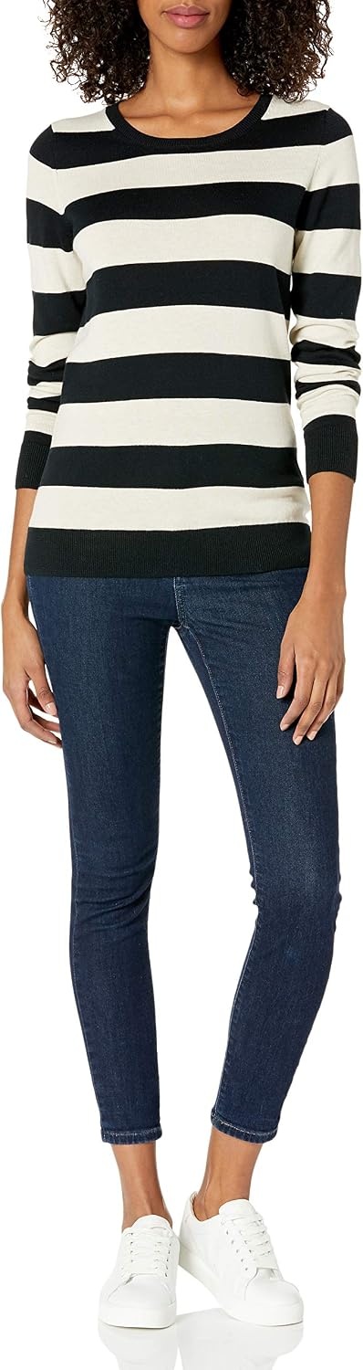 image:imageAmazon Essentials Womens LongSleeve Lightweight Crewneck Sweater Flattering Available in Plus SizeBlack Oatmeal Heather Rugby Stripe