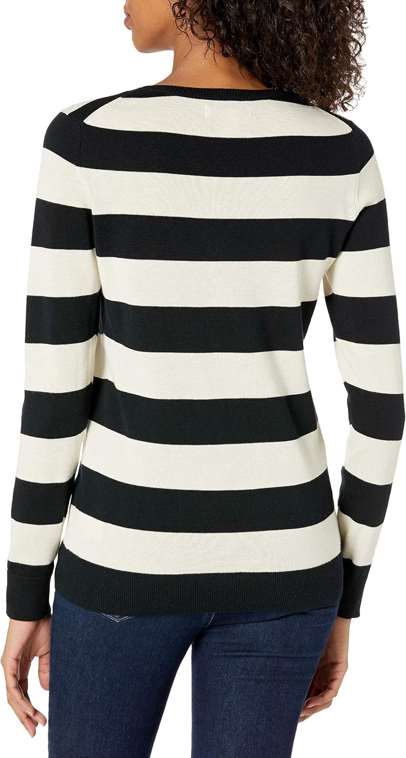 image:imageAmazon Essentials Womens LongSleeve Lightweight Crewneck Sweater Flattering Available in Plus SizeBlack Oatmeal Heather Rugby Stripe