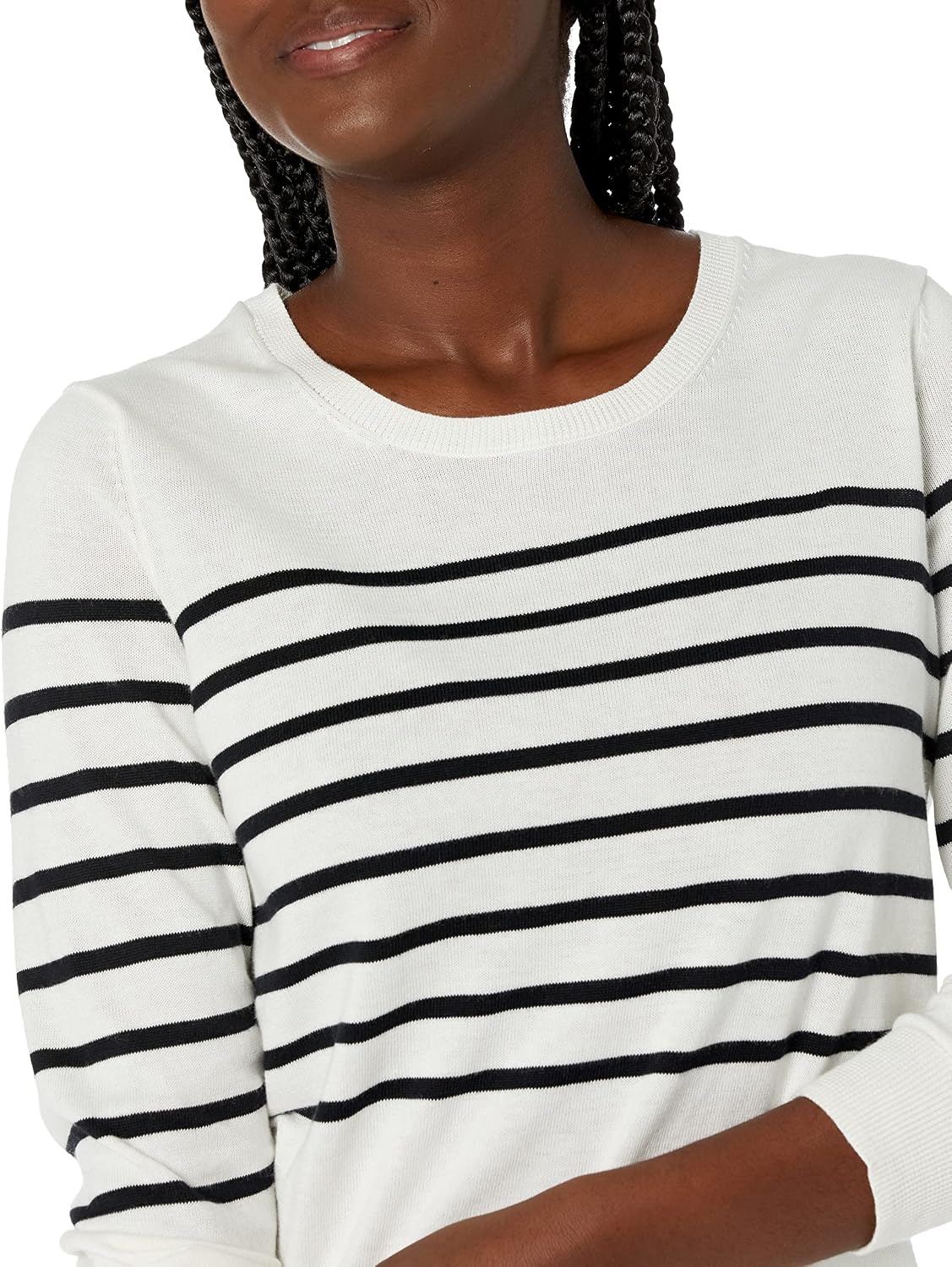 image:imageAmazon Essentials Womens LongSleeve Lightweight Crewneck Sweater Flattering Available in Plus SizeBlack White Placed Stripe