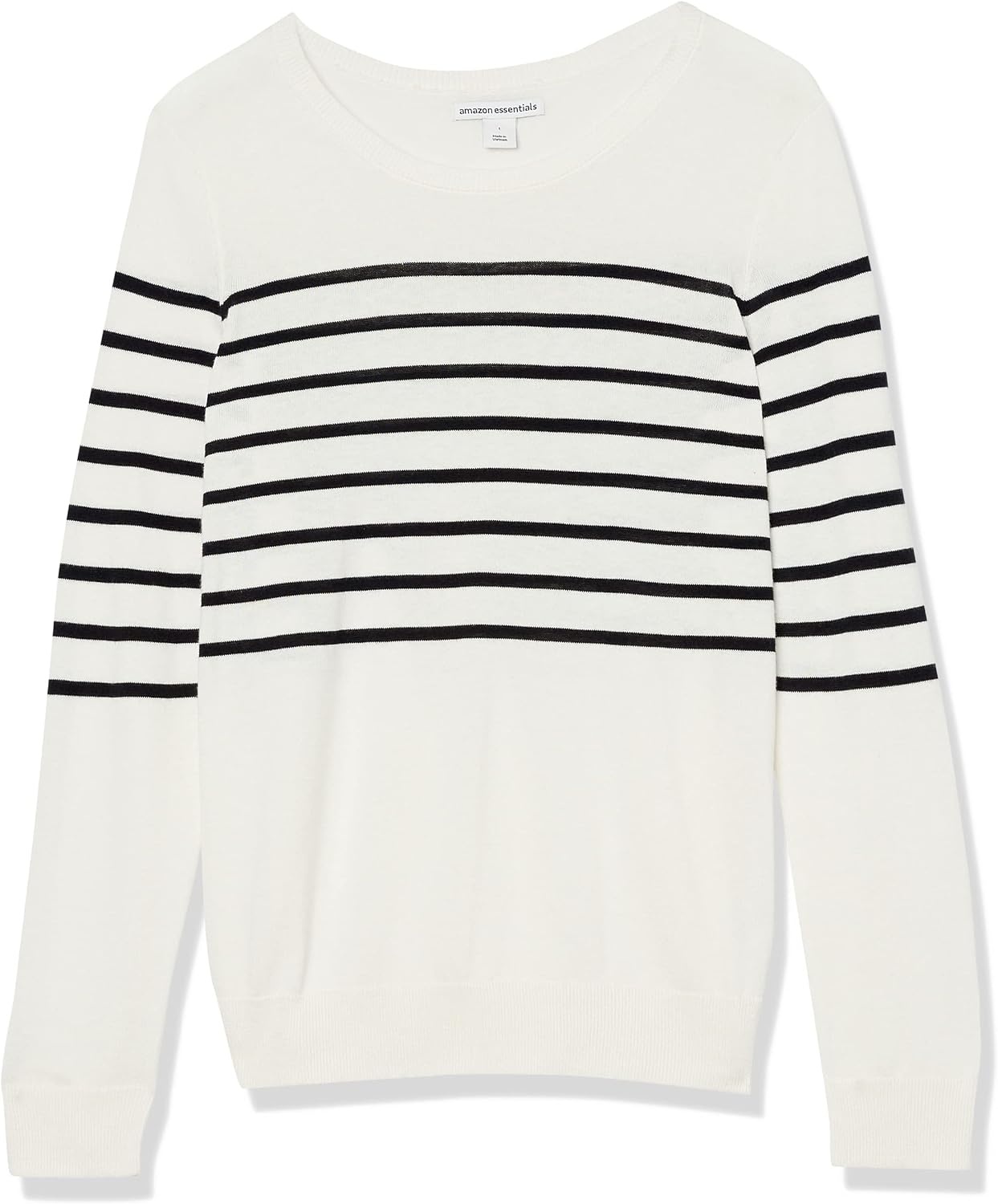 image:imageAmazon Essentials Womens LongSleeve Lightweight Crewneck Sweater Flattering Available in Plus SizeBlack White Placed Stripe