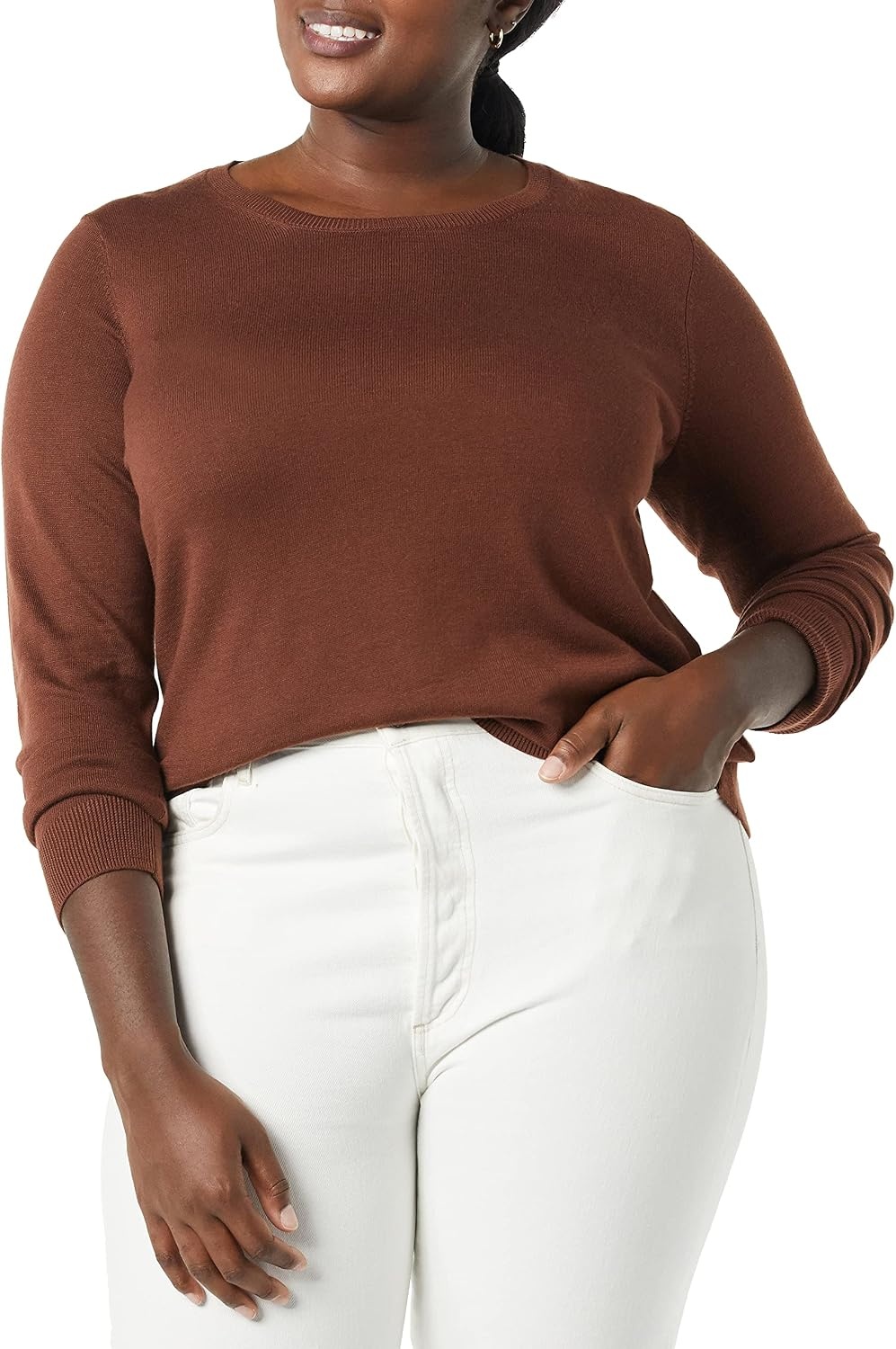 image:imageAmazon Essentials Womens LongSleeve Lightweight Crewneck Sweater Flattering Available in Plus SizeBrown