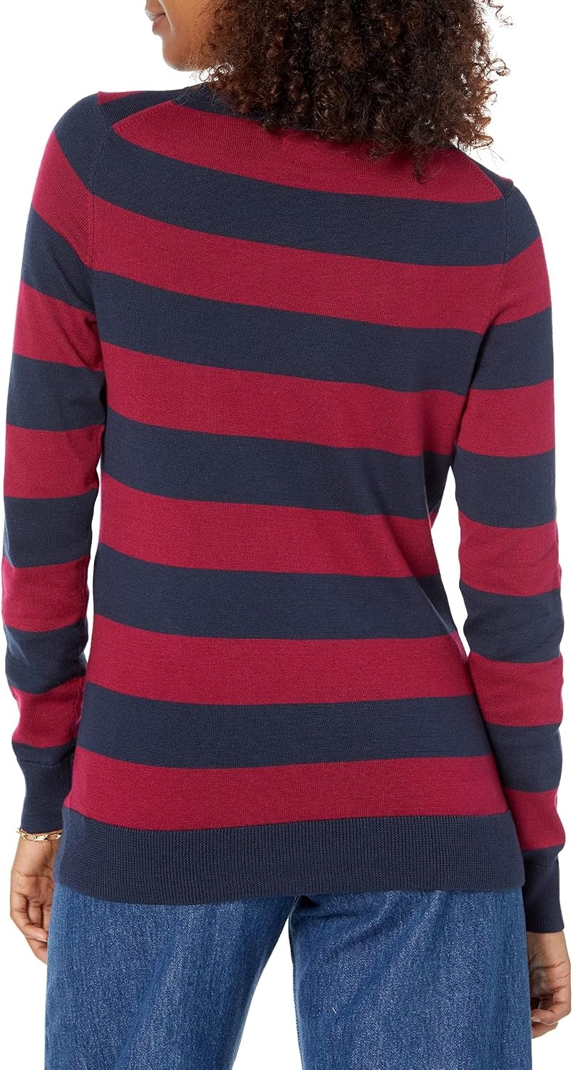 image:imageAmazon Essentials Womens LongSleeve Lightweight Crewneck Sweater Flattering Available in Plus SizeBurgundy Navy Rugby Stripe