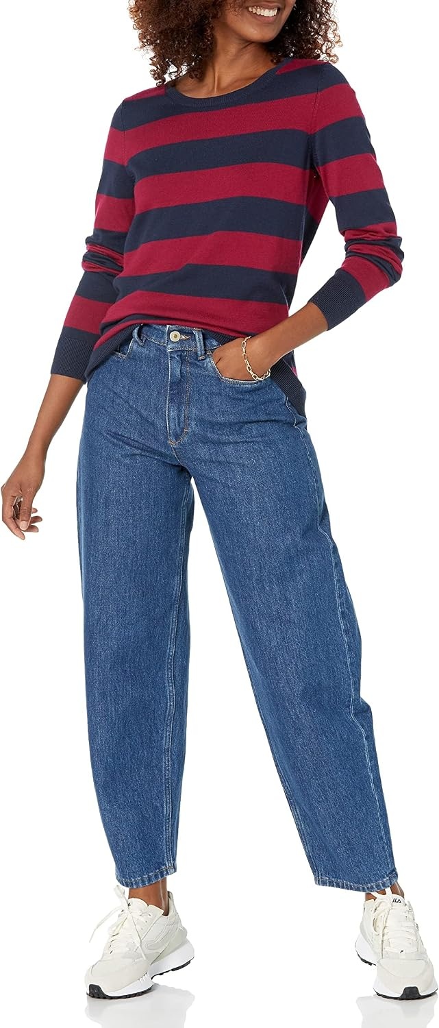 image:imageAmazon Essentials Womens LongSleeve Lightweight Crewneck Sweater Flattering Available in Plus SizeBurgundy Navy Rugby Stripe
