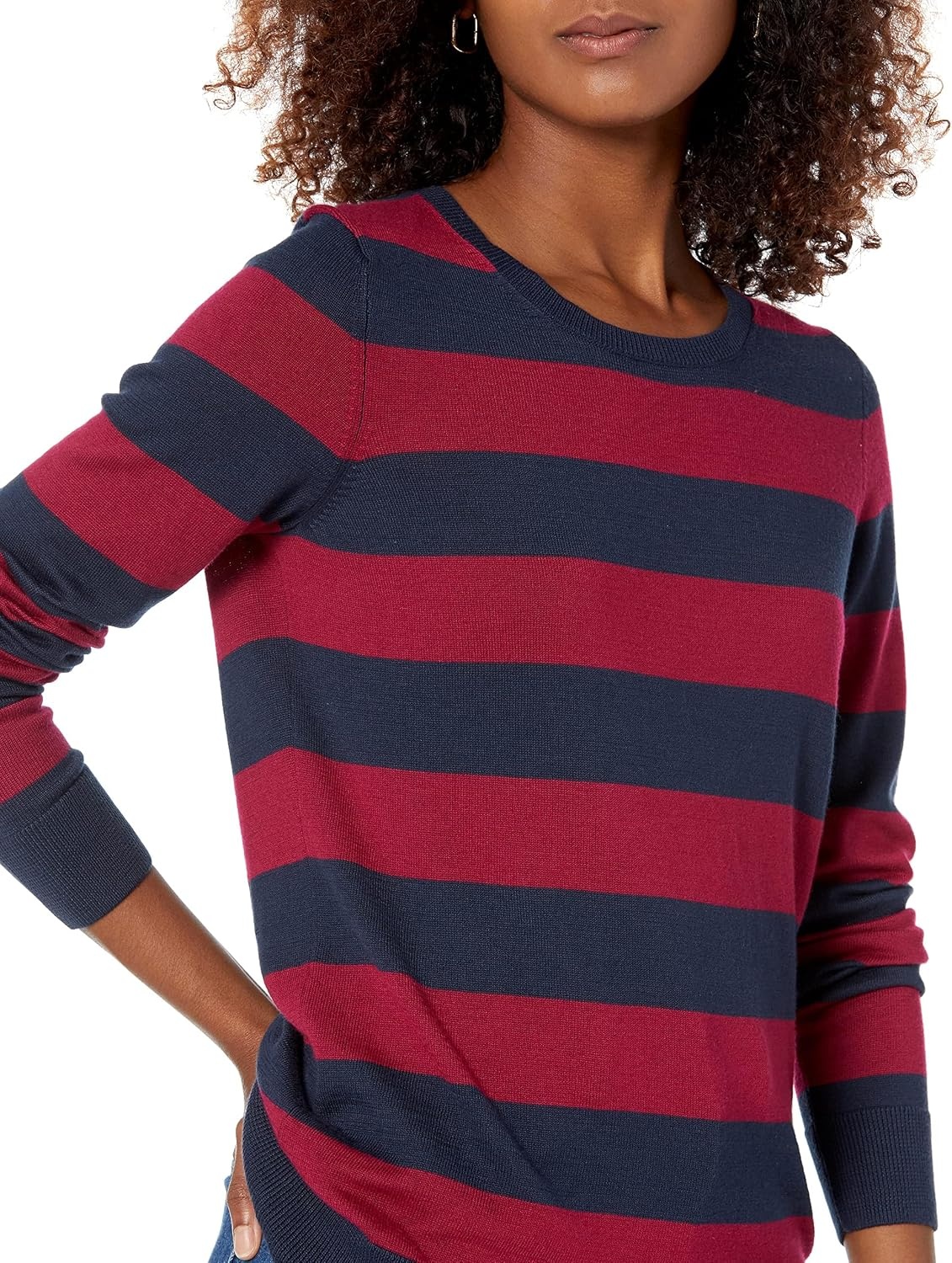 image:imageAmazon Essentials Womens LongSleeve Lightweight Crewneck Sweater Flattering Available in Plus SizeBurgundy Navy Rugby Stripe