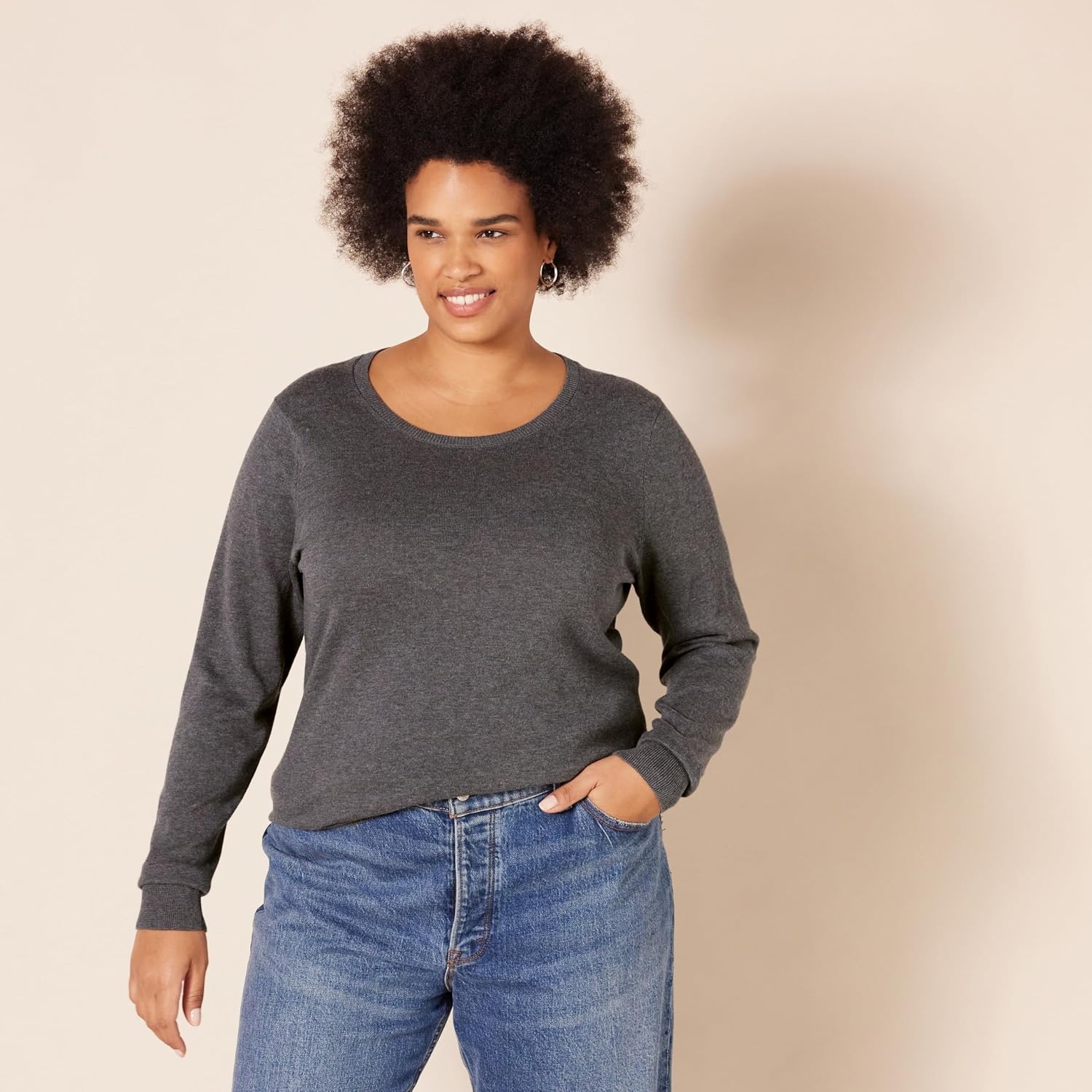 image:imageAmazon Essentials Womens LongSleeve Lightweight Crewneck Sweater Flattering Available in Plus SizeCharcoal Heather