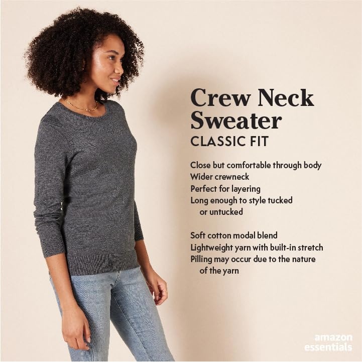image:imageAmazon Essentials Womens LongSleeve Lightweight Crewneck Sweater Flattering Available in Plus SizeCharcoal Heather