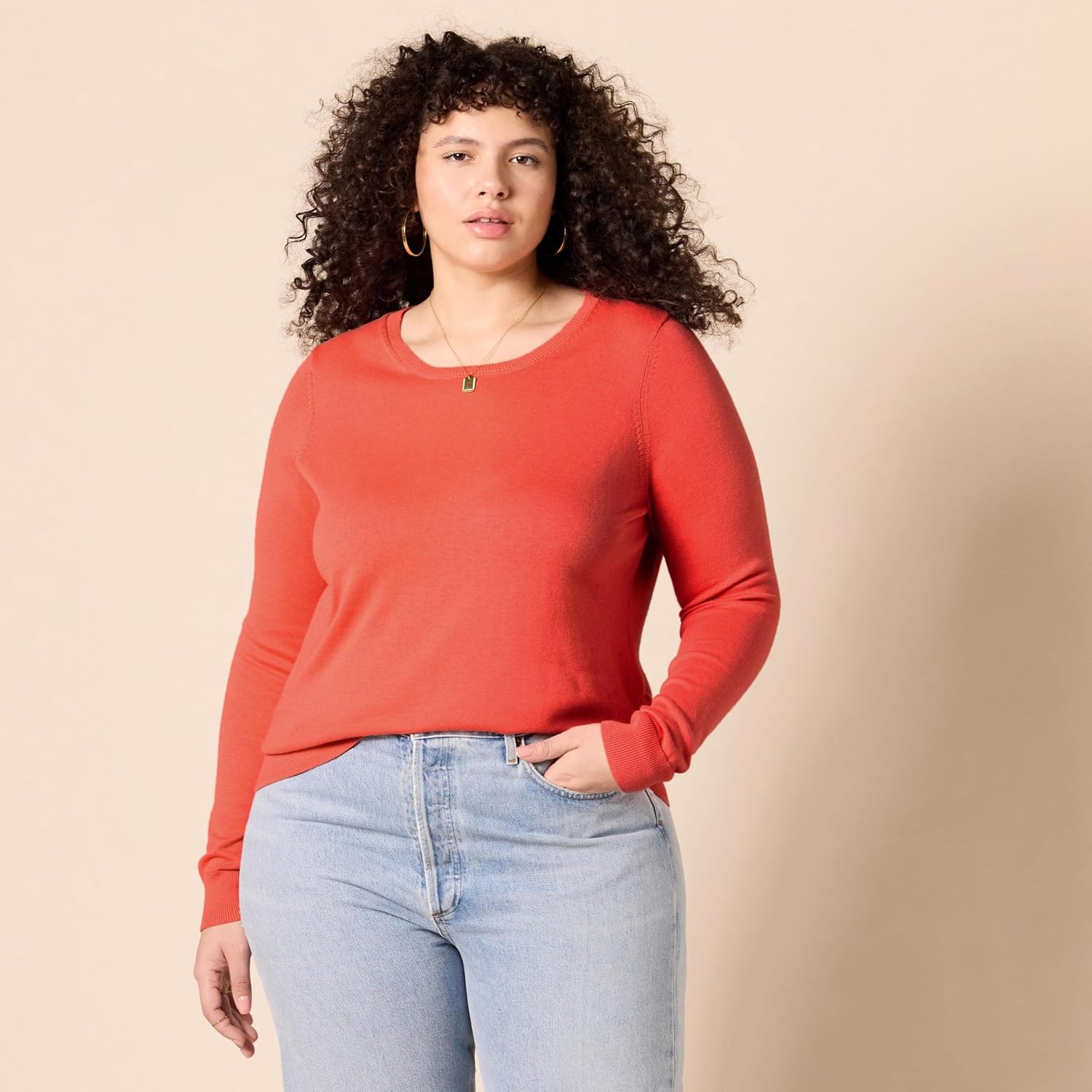 image:imageAmazon Essentials Womens LongSleeve Lightweight Crewneck Sweater Flattering Available in Plus SizeCoral Pink