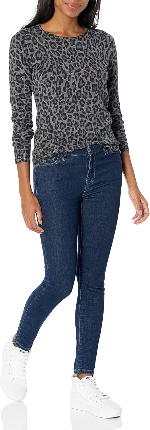 image:imageAmazon Essentials Womens LongSleeve Lightweight Crewneck Sweater Flattering Available in Plus SizeGrey Cheetah Print