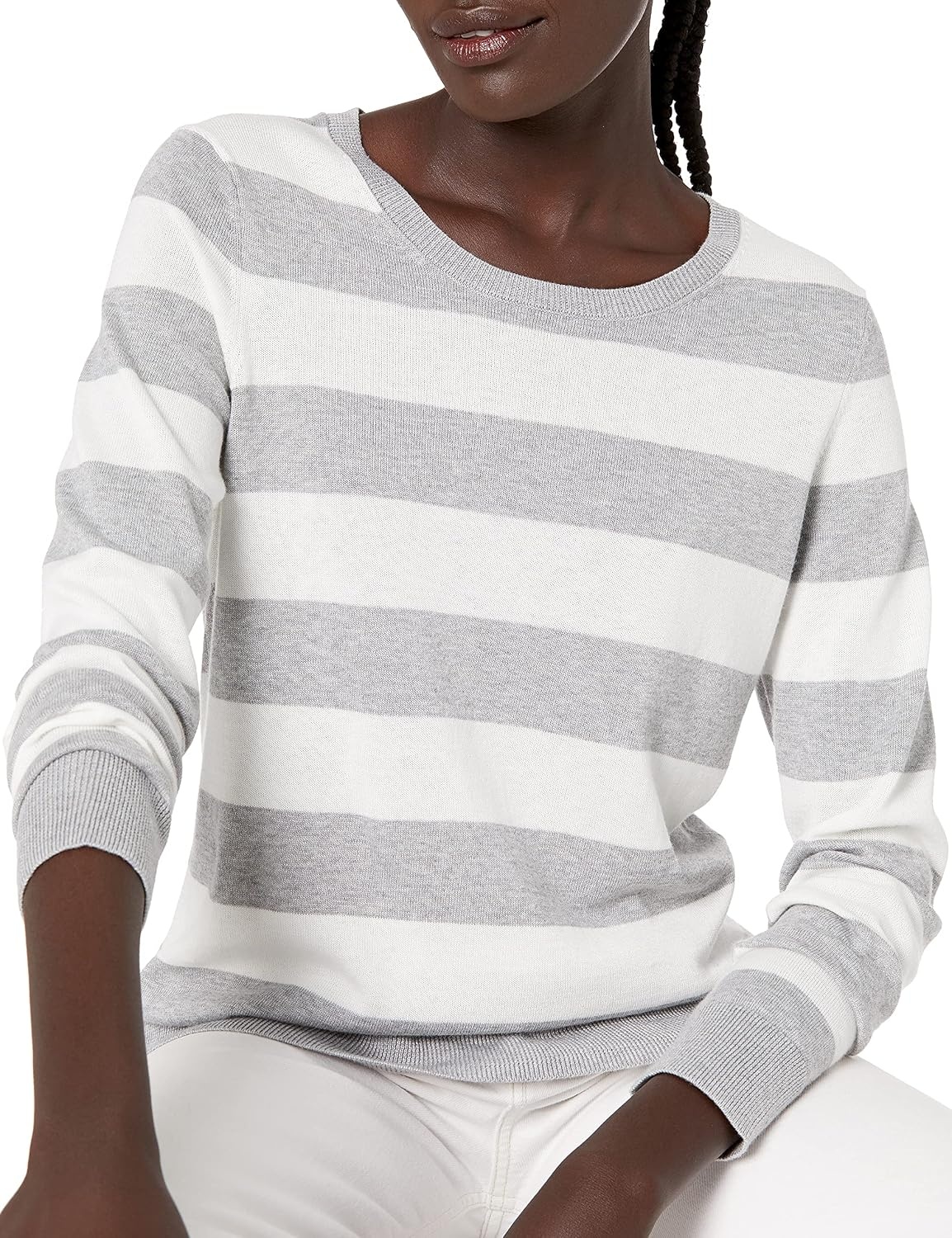 image:imageAmazon Essentials Womens LongSleeve Lightweight Crewneck Sweater Flattering Available in Plus SizeLight Grey Heather Stripe