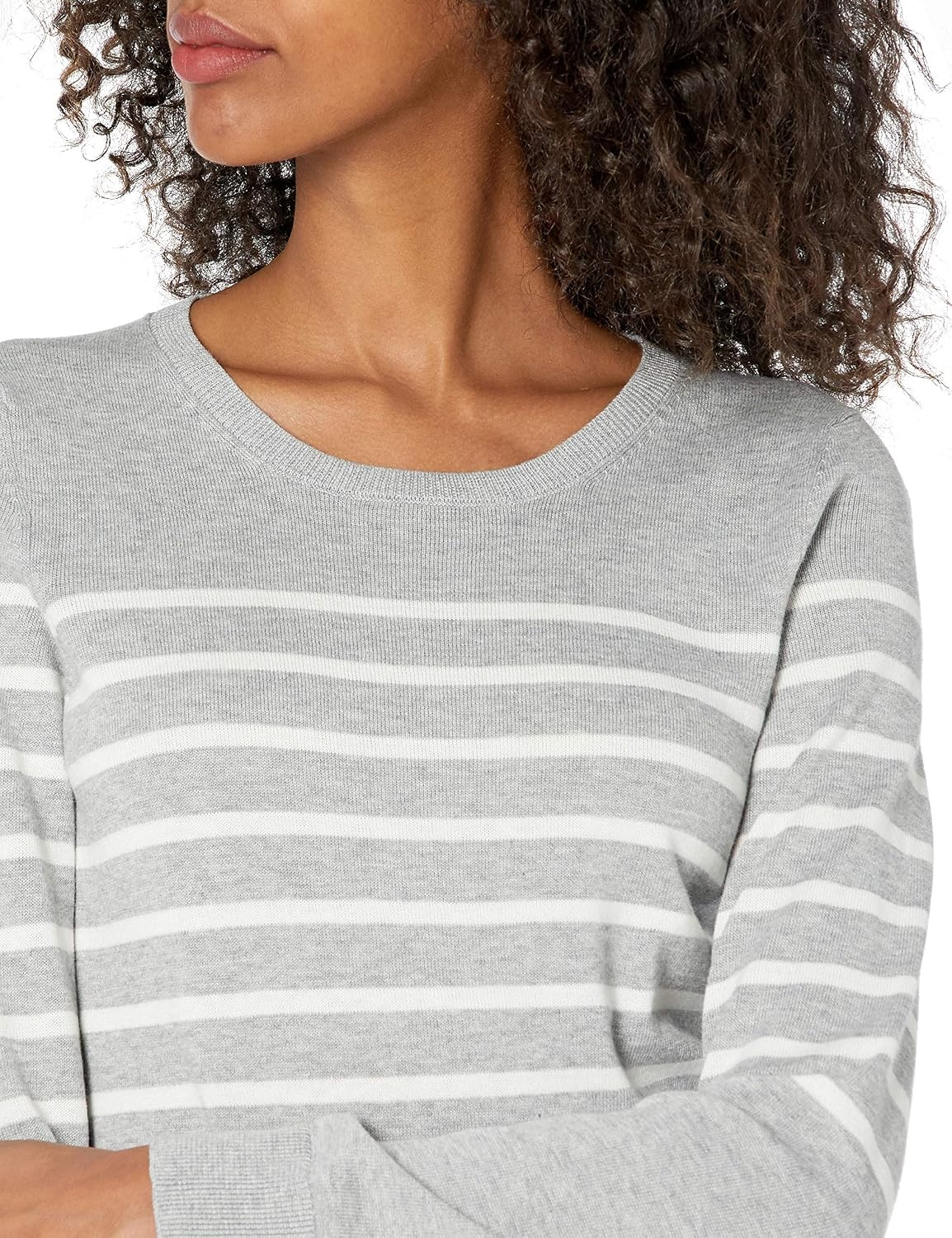 image:imageAmazon Essentials Womens LongSleeve Lightweight Crewneck Sweater Flattering Available in Plus SizeLight Grey Heather White Placed Stripe