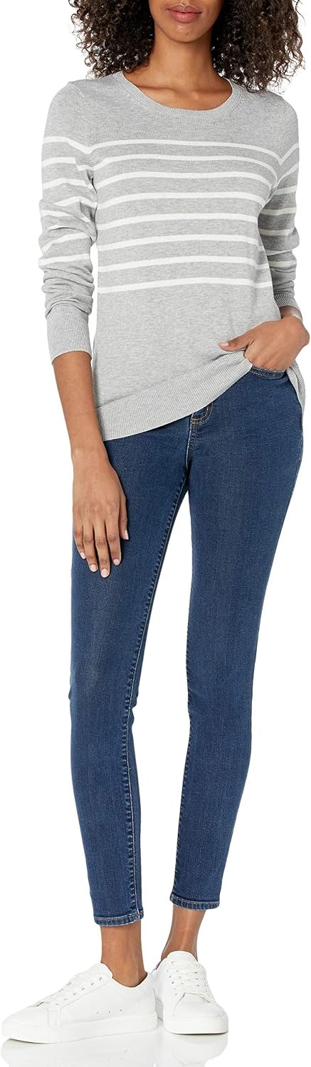 image:imageAmazon Essentials Womens LongSleeve Lightweight Crewneck Sweater Flattering Available in Plus SizeLight Grey Heather White Placed Stripe