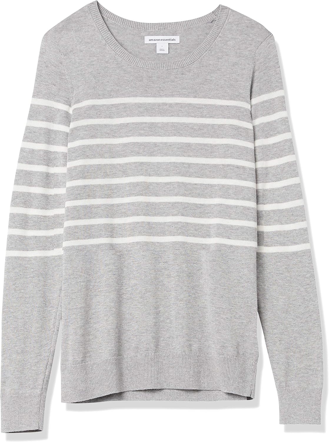 image:imageAmazon Essentials Womens LongSleeve Lightweight Crewneck Sweater Flattering Available in Plus SizeLight Grey Heather White Placed Stripe