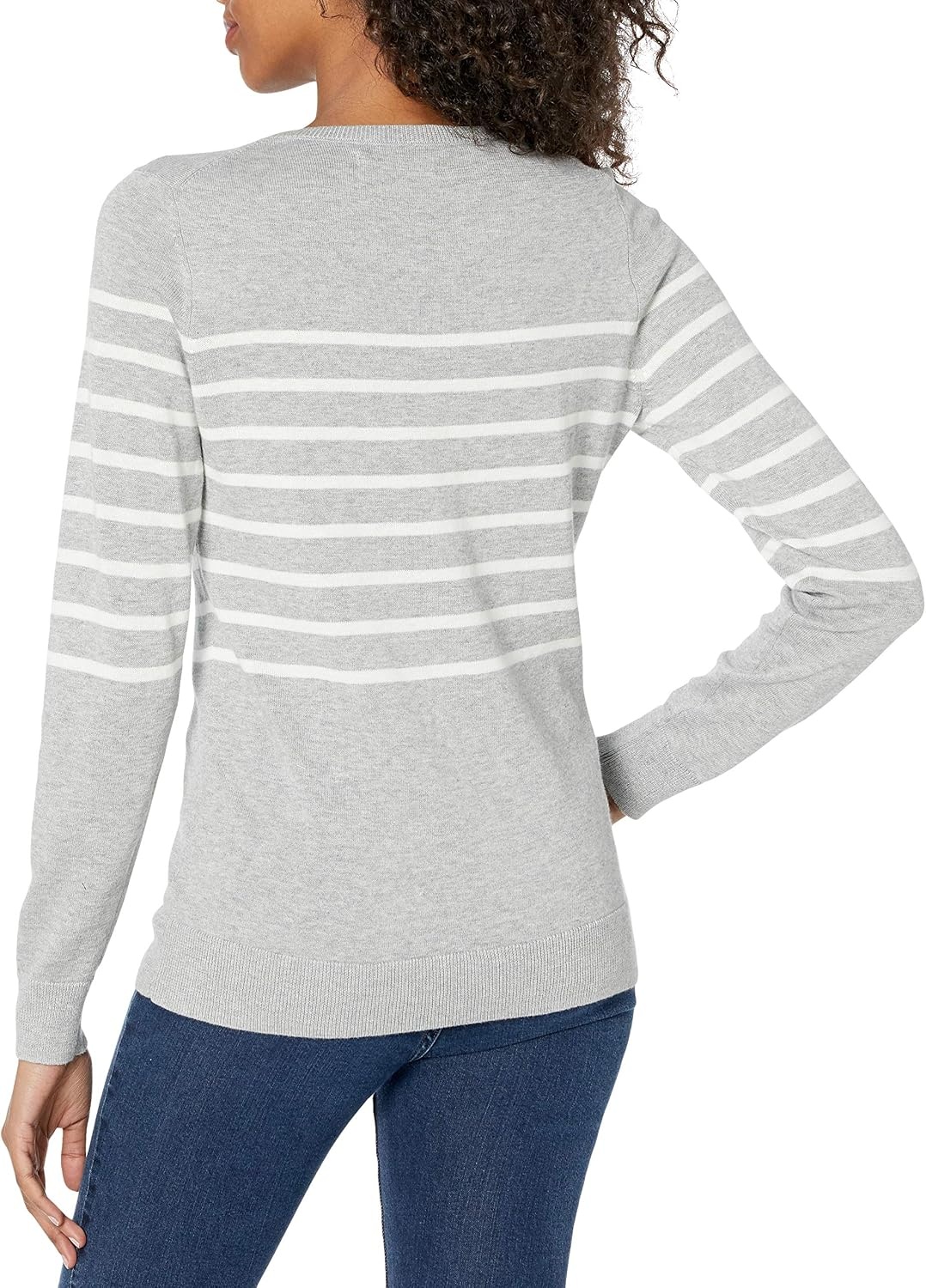 image:imageAmazon Essentials Womens LongSleeve Lightweight Crewneck Sweater Flattering Available in Plus SizeLight Grey Heather White Placed Stripe