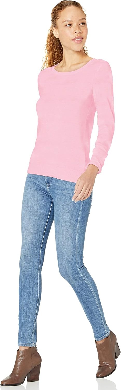 image:imageAmazon Essentials Womens LongSleeve Lightweight Crewneck Sweater Flattering Available in Plus SizeLight Pink