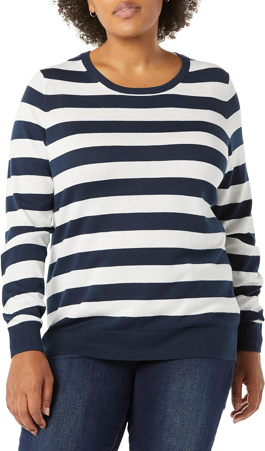 image:imageAmazon Essentials Womens LongSleeve Lightweight Crewneck Sweater Flattering Available in Plus SizeNavy White Rugby Stripe