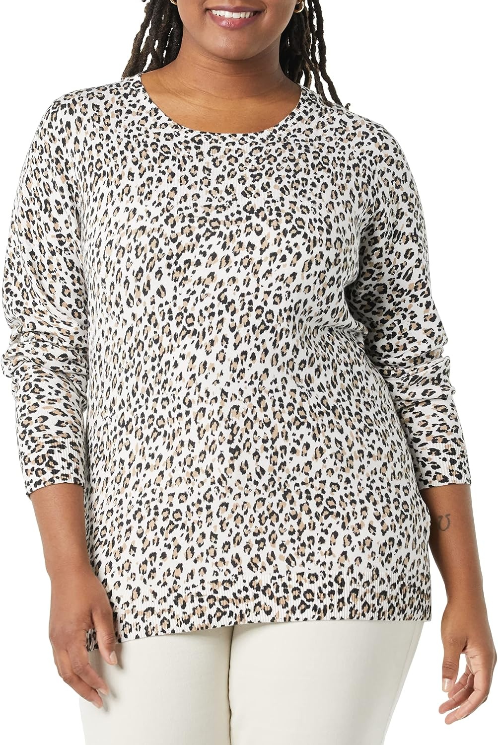 image:imageAmazon Essentials Womens LongSleeve Lightweight Crewneck Sweater Flattering Available in Plus SizeWhite Cheetah Print