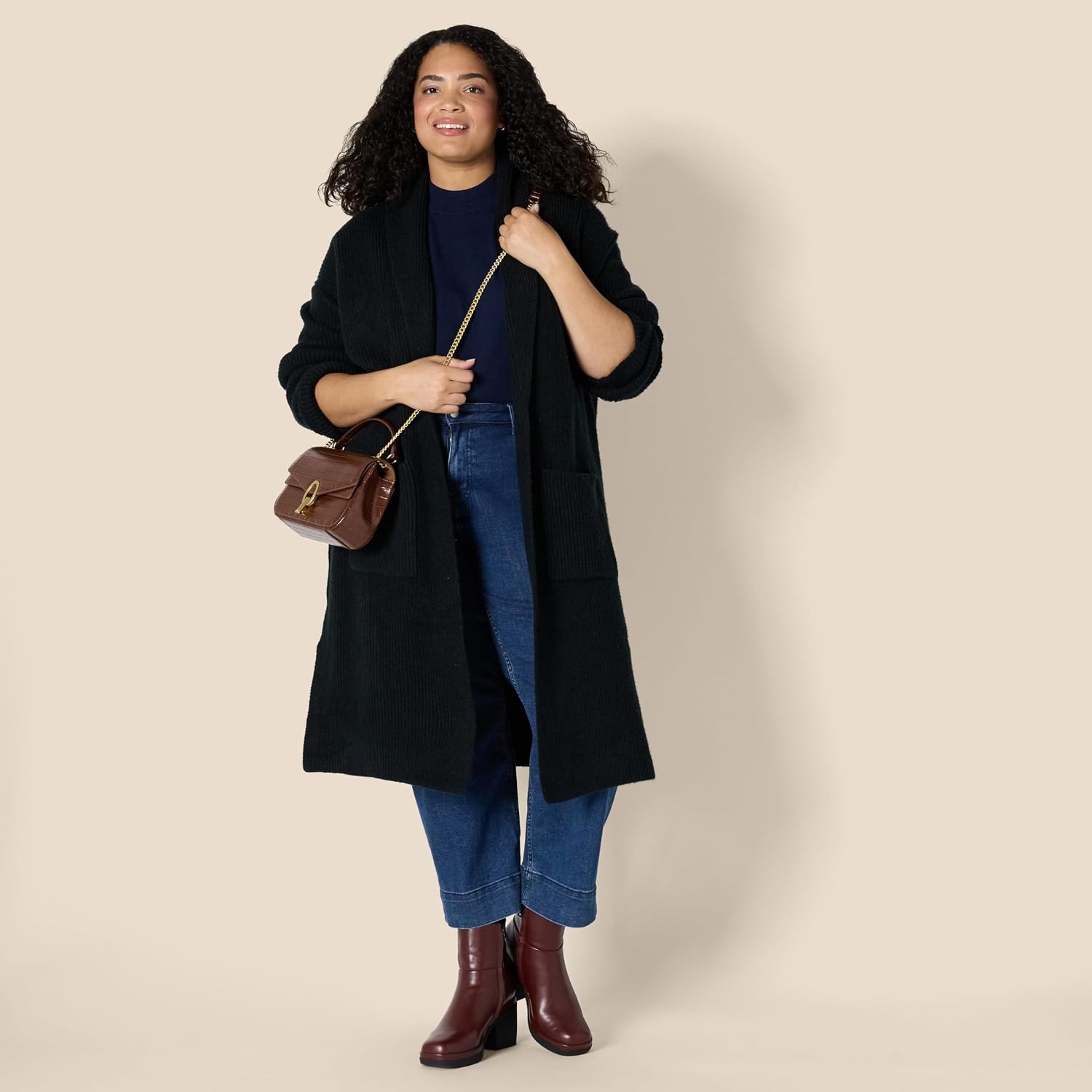 image:imageAmazon Essentials Womens OversizedFit Cotton Blend Heavyweight Texture Stitch Long Cardigan Sweater with PocketsBlack