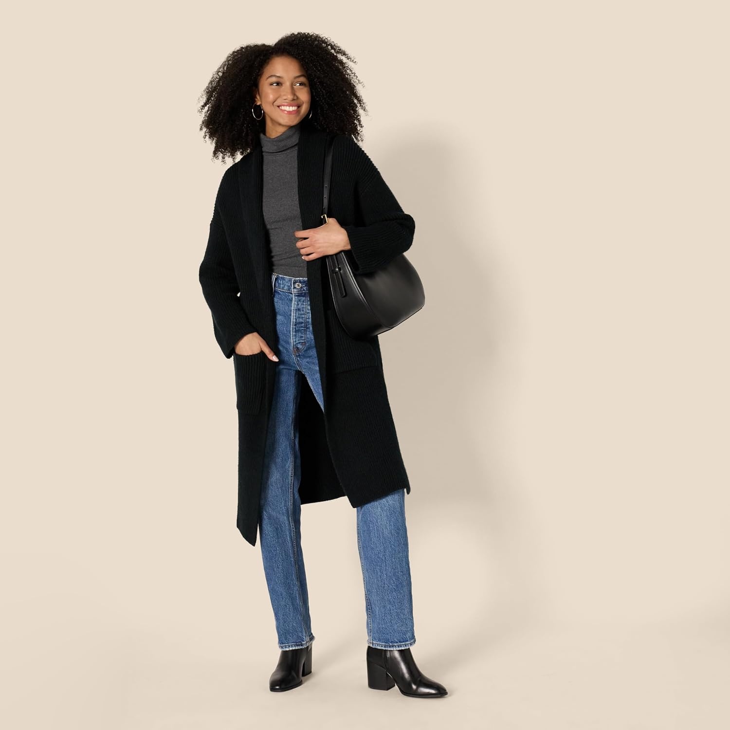 image:imageAmazon Essentials Womens OversizedFit Cotton Blend Heavyweight Texture Stitch Long Cardigan Sweater with PocketsBlack