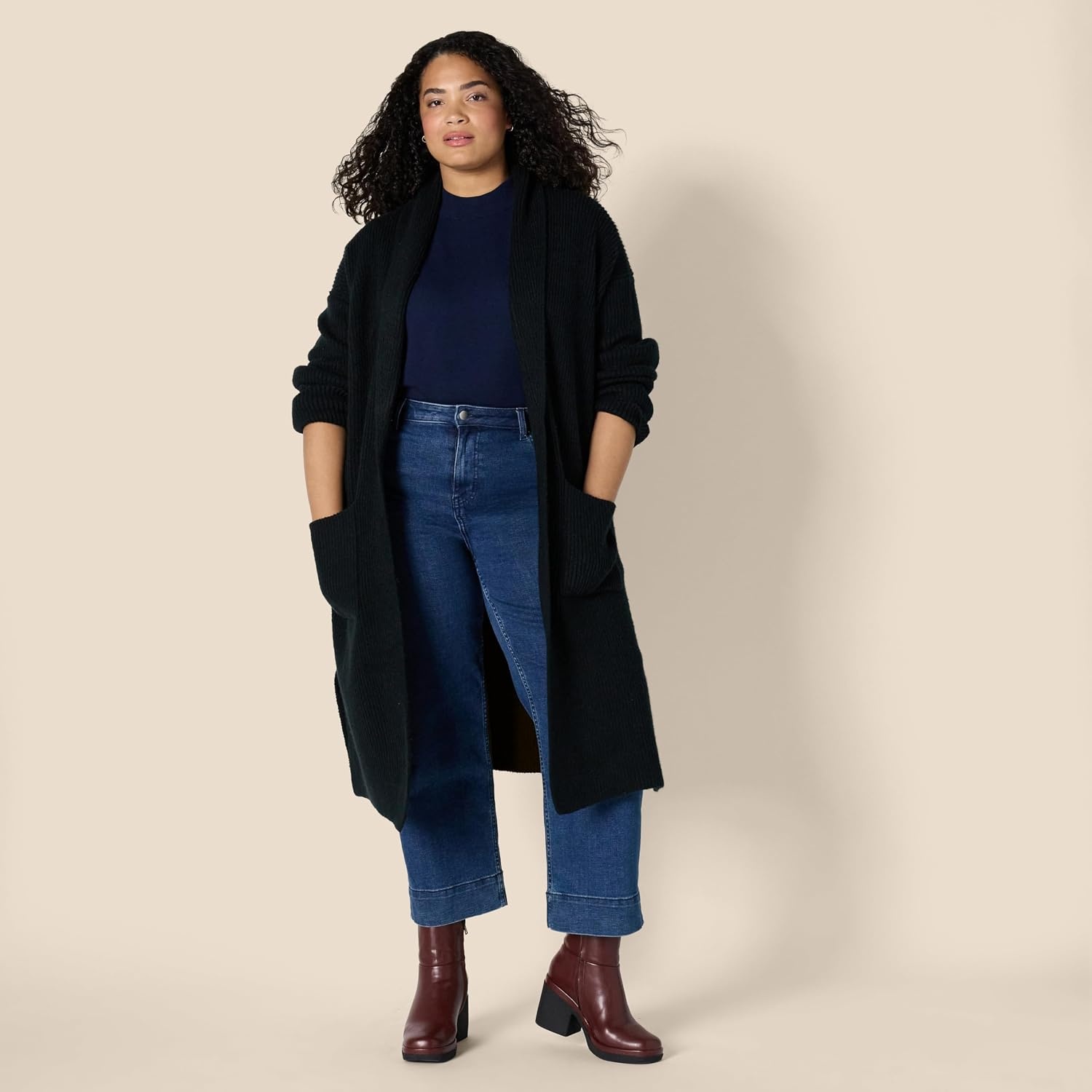 image:imageAmazon Essentials Womens OversizedFit Cotton Blend Heavyweight Texture Stitch Long Cardigan Sweater with PocketsBlack