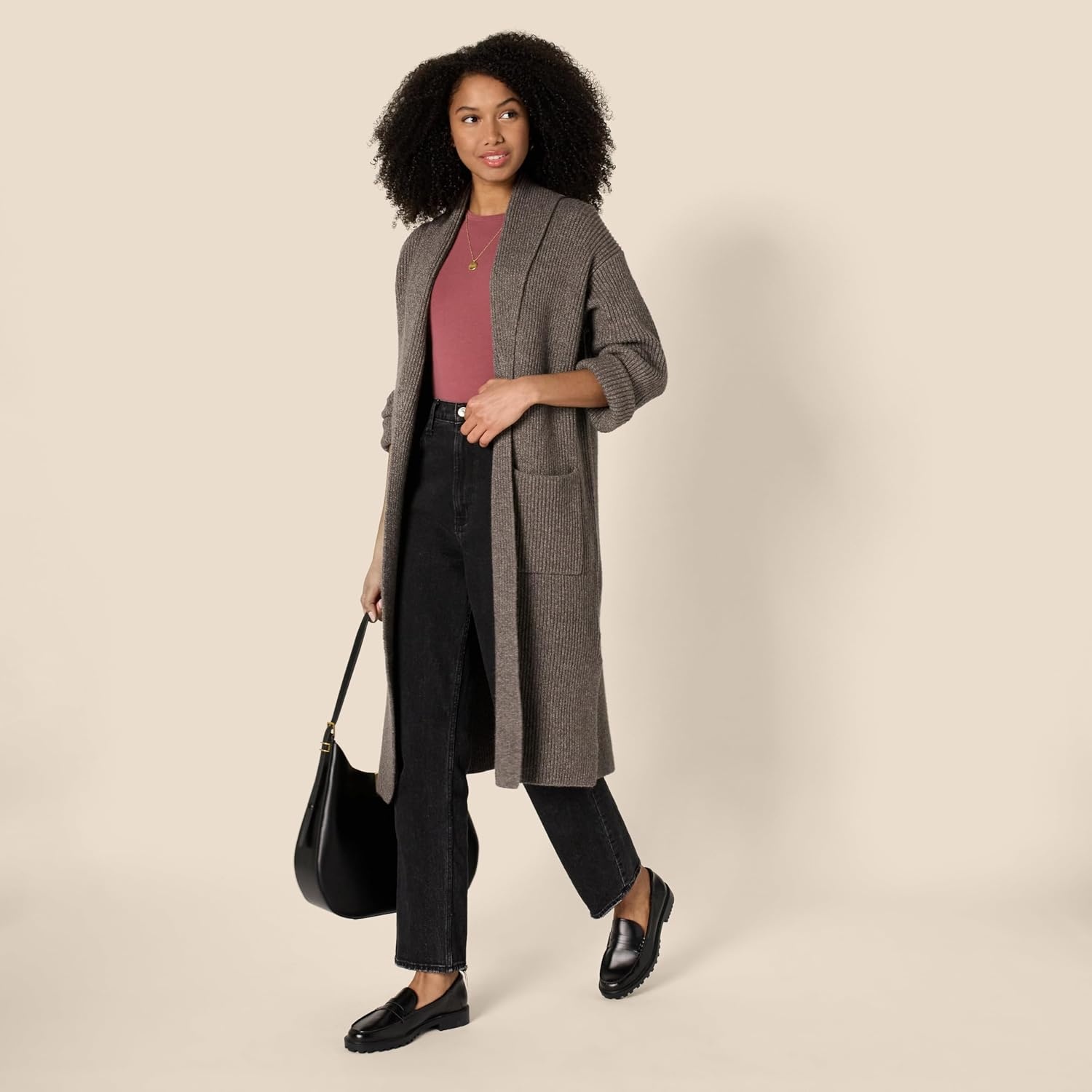 image:imageAmazon Essentials Womens OversizedFit Cotton Blend Heavyweight Texture Stitch Long Cardigan Sweater with PocketsBrown Heather