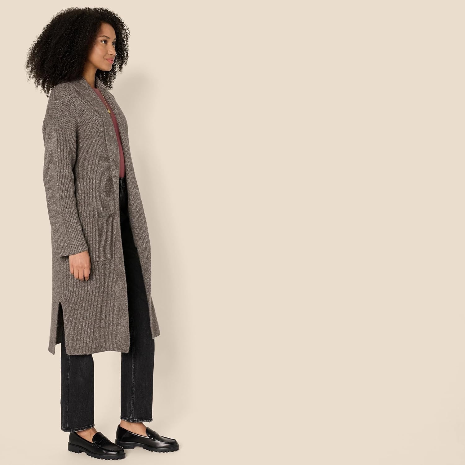 image:imageAmazon Essentials Womens OversizedFit Cotton Blend Heavyweight Texture Stitch Long Cardigan Sweater with PocketsBrown Heather