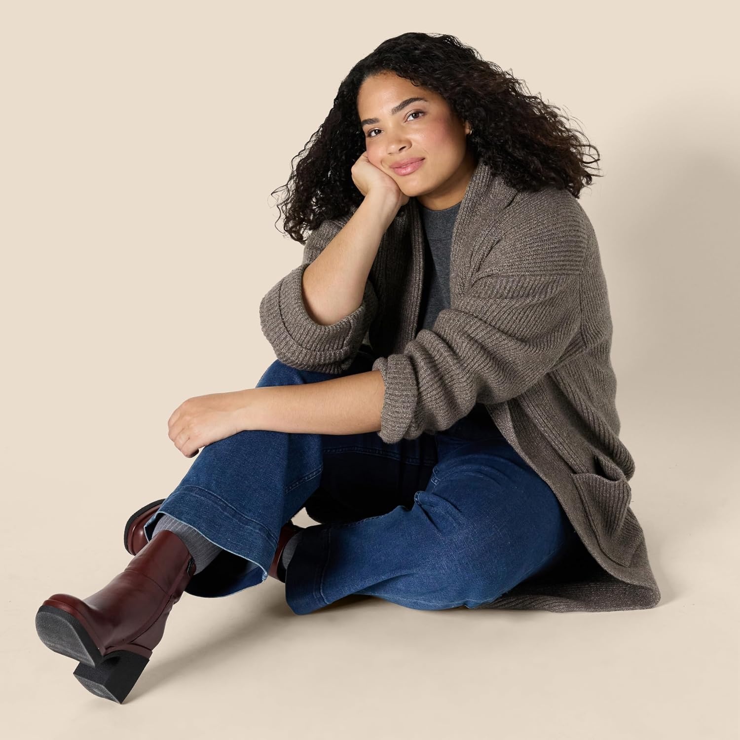 image:imageAmazon Essentials Womens OversizedFit Cotton Blend Heavyweight Texture Stitch Long Cardigan Sweater with PocketsBrown Heather