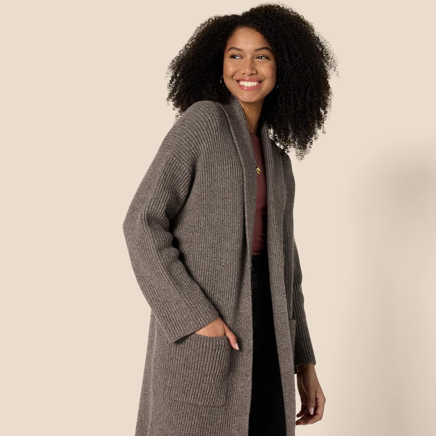 image:imageAmazon Essentials Womens OversizedFit Cotton Blend Heavyweight Texture Stitch Long Cardigan Sweater with PocketsBrown Heather